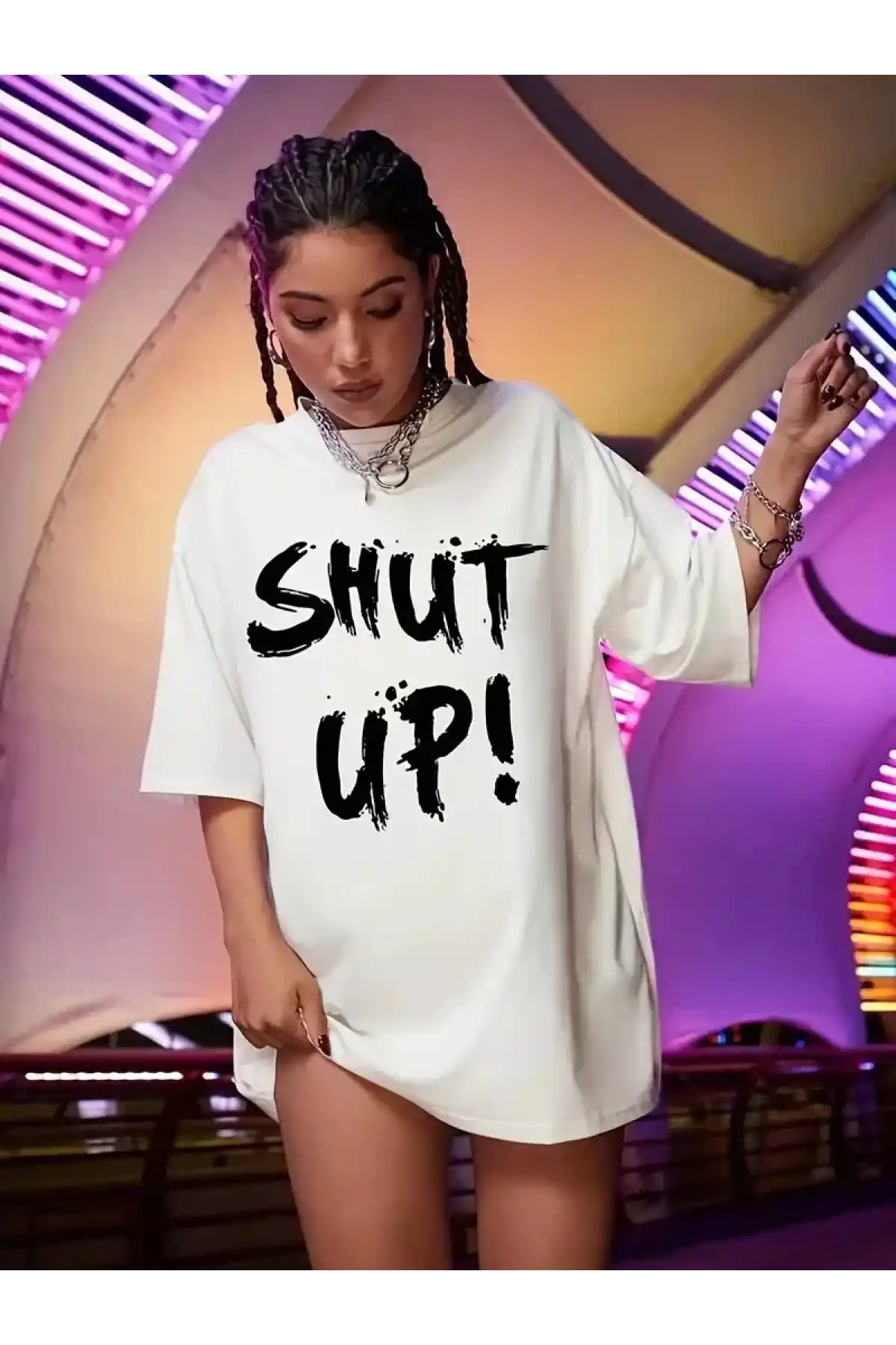 20/1 Penye Compack Oversize Beyaz Shut Up Kısa Kol Yazlık Tişört - Beyaz