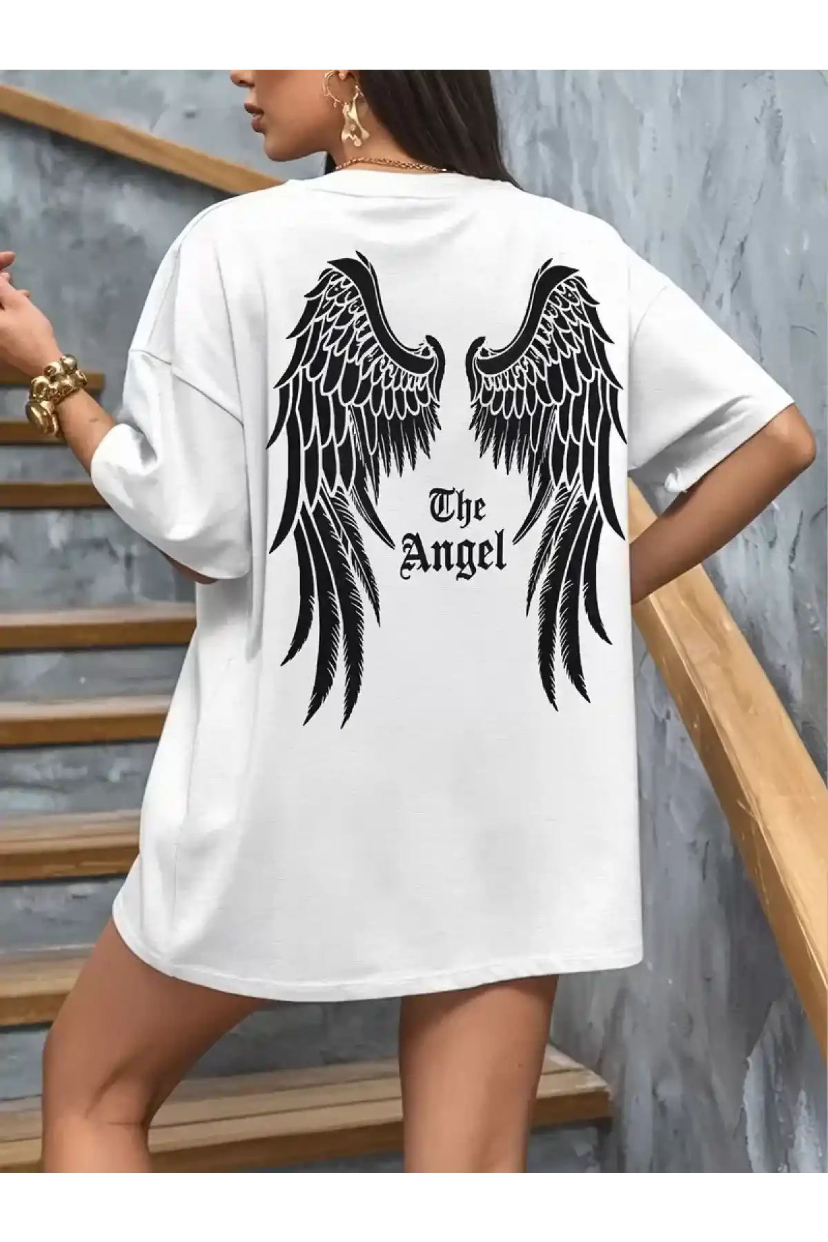 20/1 Penye Compack Dark Angel Baskılı Oversize Kısa Kol Yazlık T-shirt- Beyaz