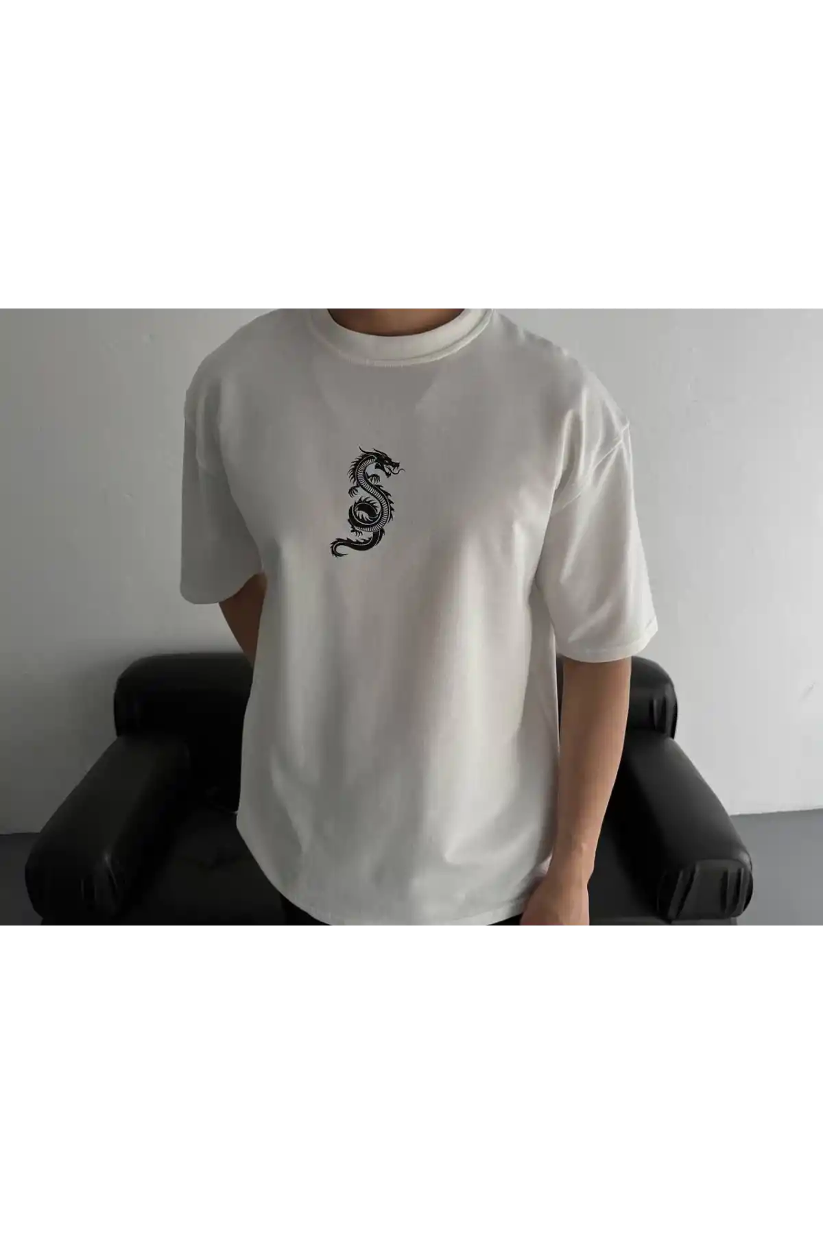 Baskılı Oversize Bisiklet Yaka T-shirt - Beyaz