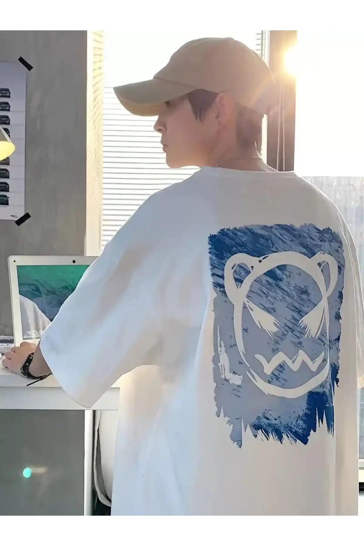 20/1 Penye Compack Bisiklet Yaka Kore tarzı sevimli ayı baskı Kısa Kol Erkek t-shirt - Beyaz