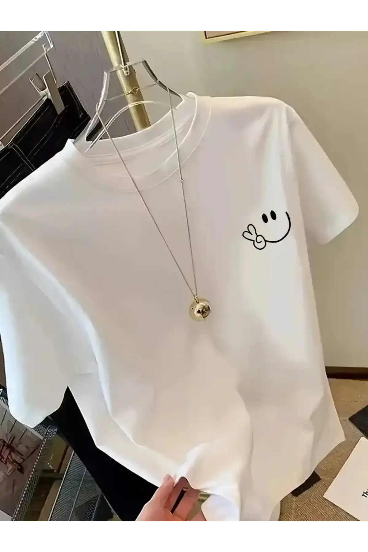 20/1 Penye Compack Gülücük Baskılı Oversize Bisiklet Yaka Kısa Kol Yazlık T-shirt - Beyaz