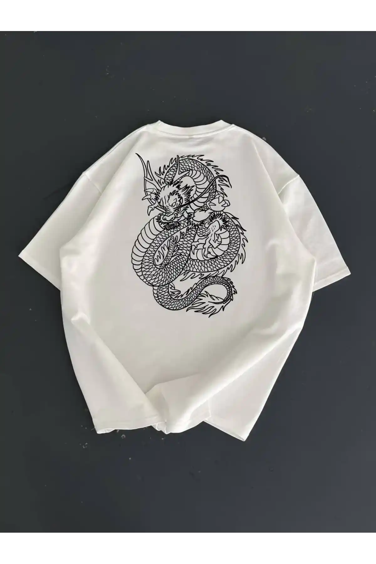 Baskılı Oversize Bisiklet Yaka T-shirt - Beyaz