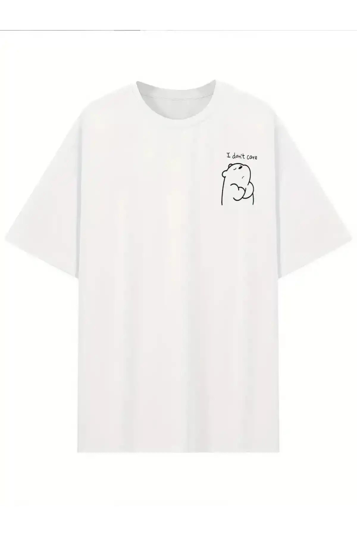 [Günlük T-Shirt] Hafif Kadın Günlük T-Shirt | Bol Kesim, Kısa Kollu, Yuvarlak Yaka, Eğlenceli Karikatür Ayı ve Umrumda Değil Baskı - Günlük Stil, İlkbahar/Yaz- Beyaz