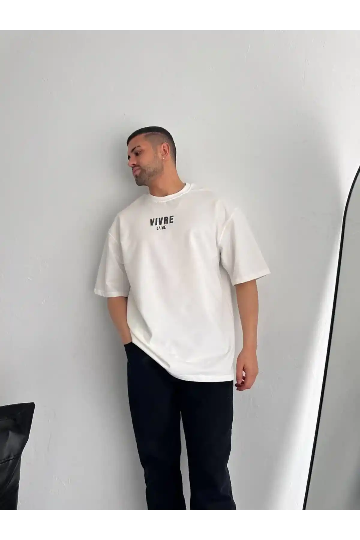 Baskılı Oversize Bisiklet Yaka T-shirt - Beyaz