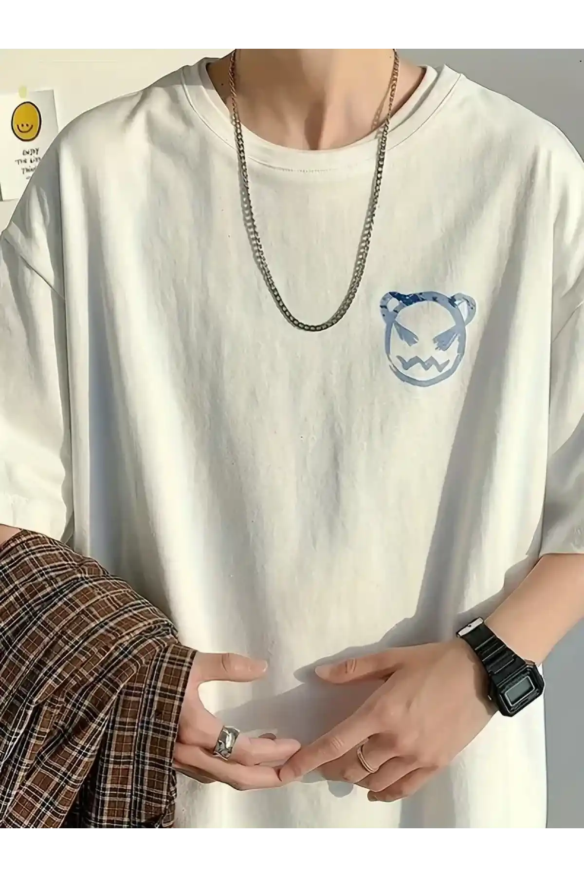 20/1 Penye Compack Bisiklet Yaka Kore tarzı sevimli ayı baskı Kısa Kol Erkek t-shirt - Beyaz