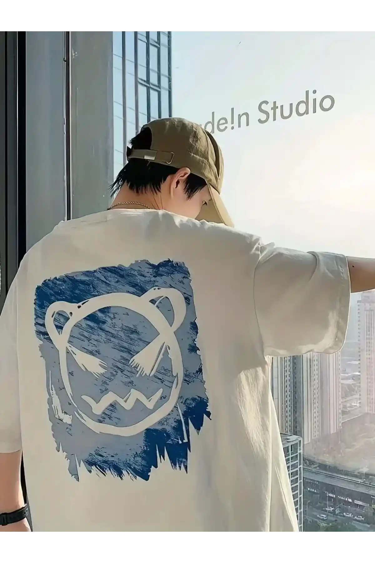 20/1 Penye Compack Bisiklet Yaka Kore tarzı sevimli ayı baskı Kısa Kol Erkek t-shirt - Beyaz