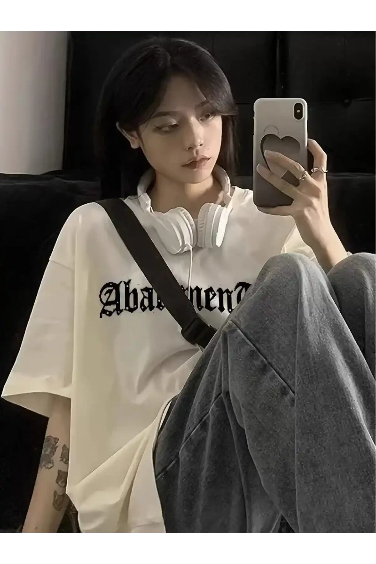 Örümcek Ağı Desenli Baskılı Oversize Bisiklet Yaka T-shirt  - Beyaz