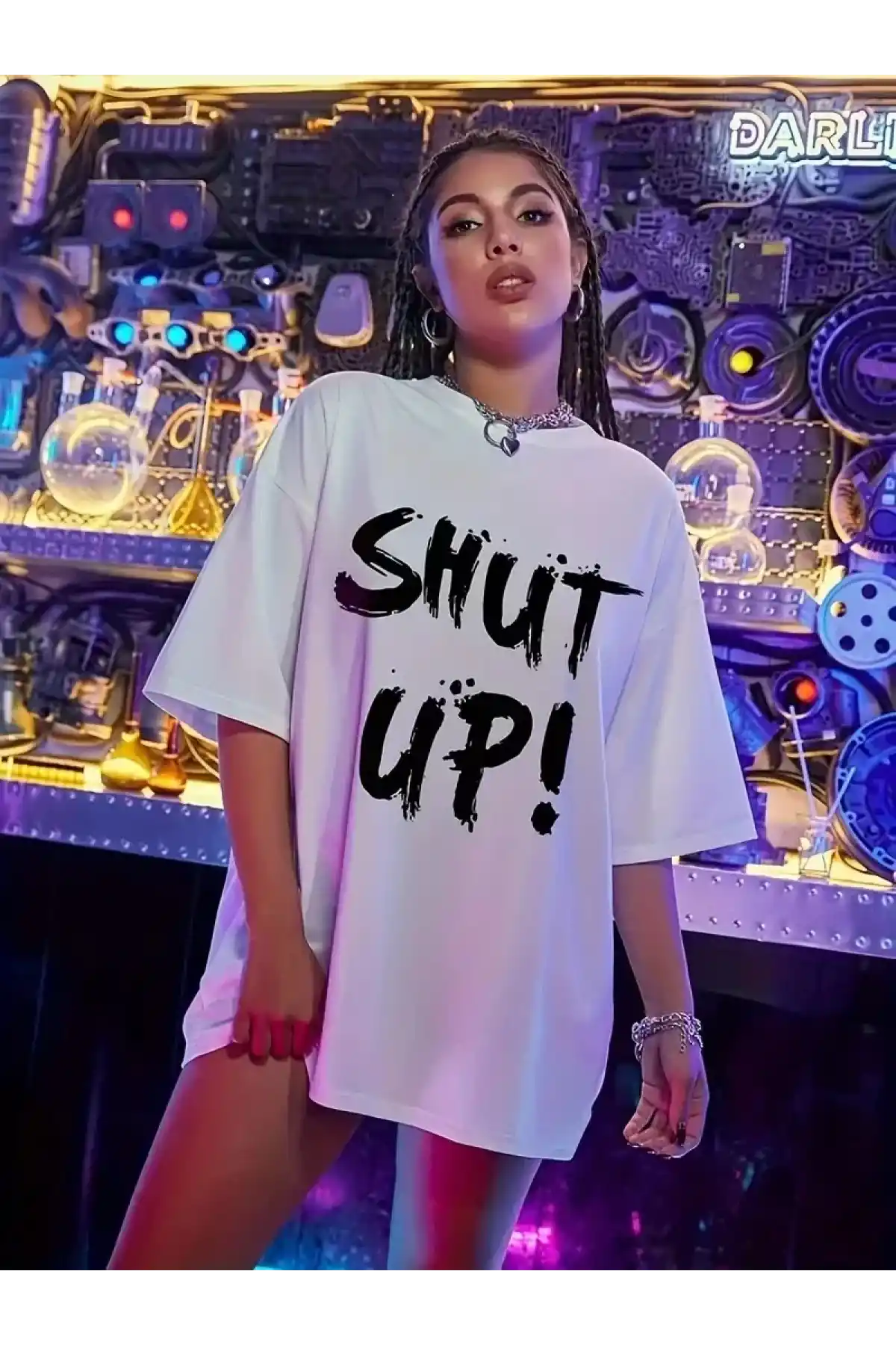 20/1 Penye Compack Oversize Beyaz Shut Up Kısa Kol Yazlık Tişört - Beyaz