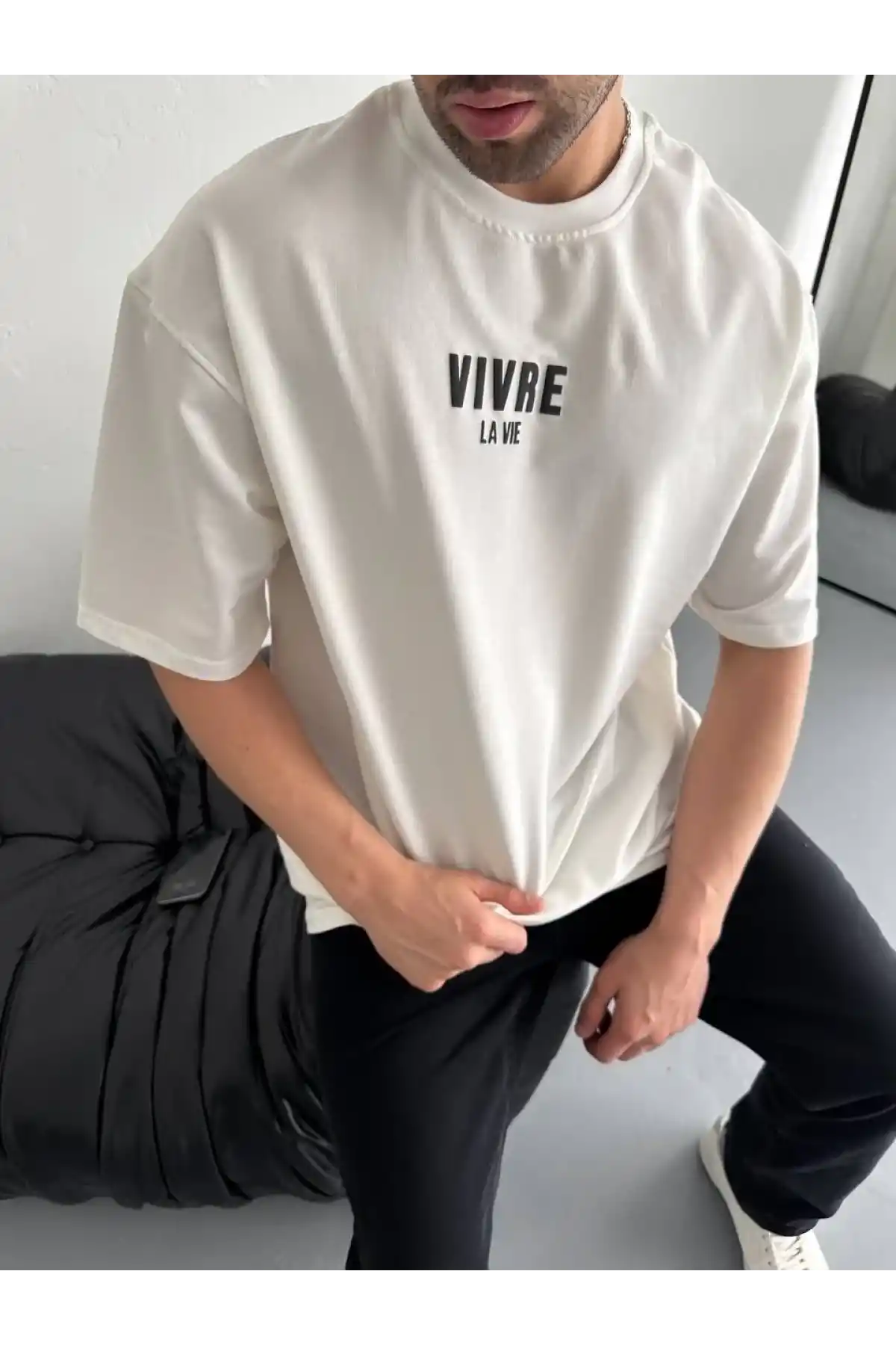 Baskılı Oversize Bisiklet Yaka T-shirt - Beyaz