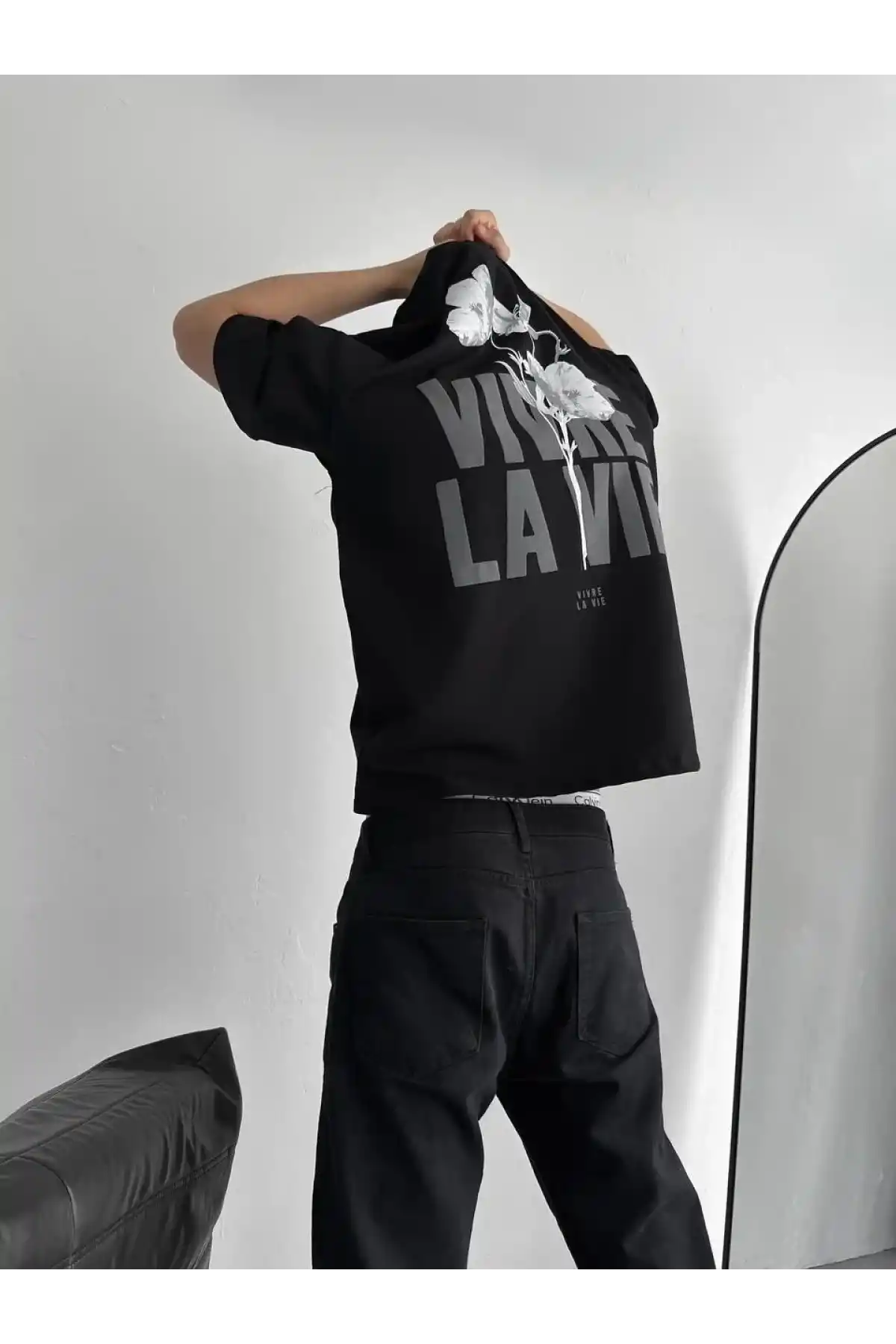 ERKEK Baskılı Oversize Bisiklet Yaka T-shirt - Siyah