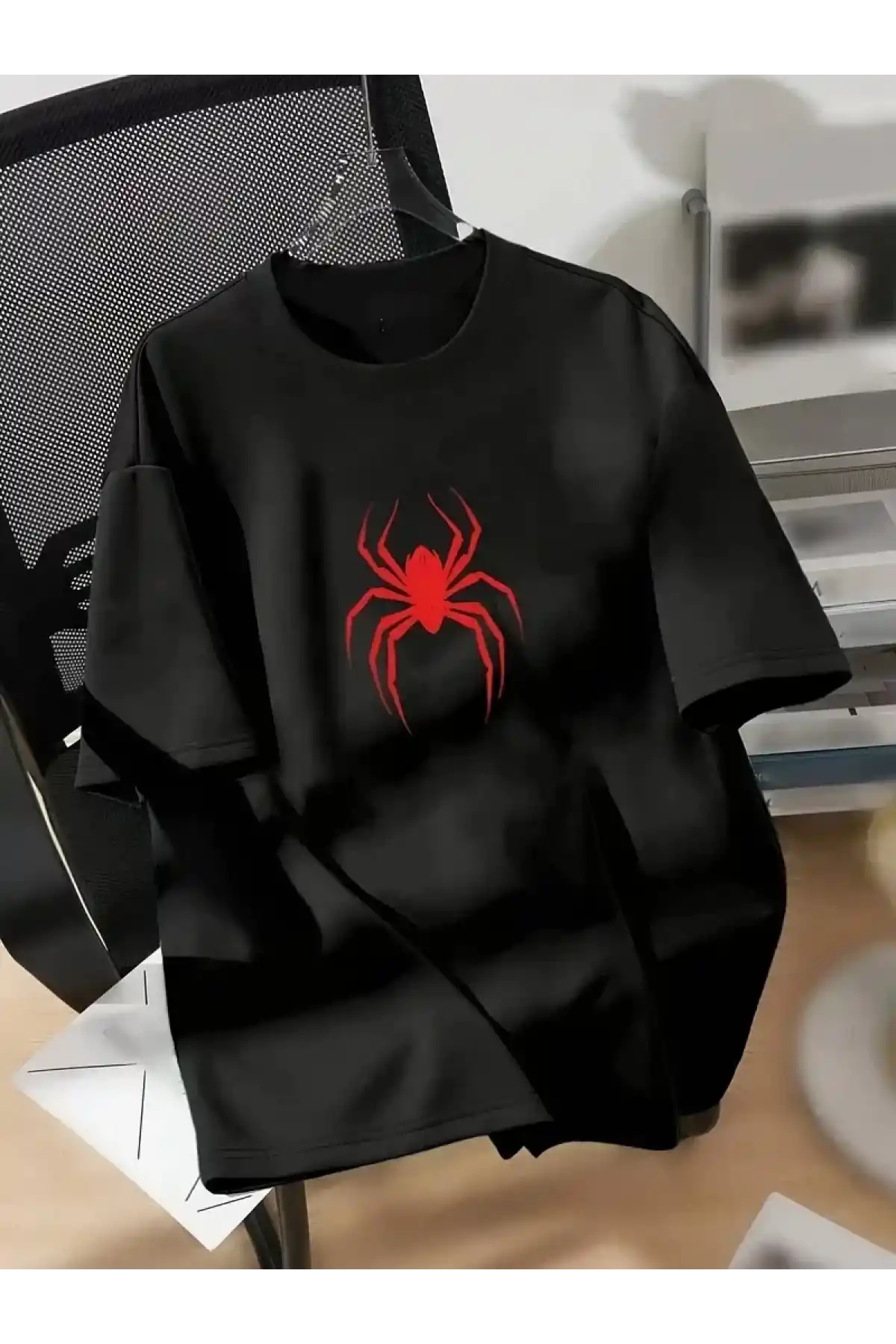 20/1 Penye Compack Spider Baskılı Oversize Unisex Kısa Kol Yazlık T-shirt - Siyah