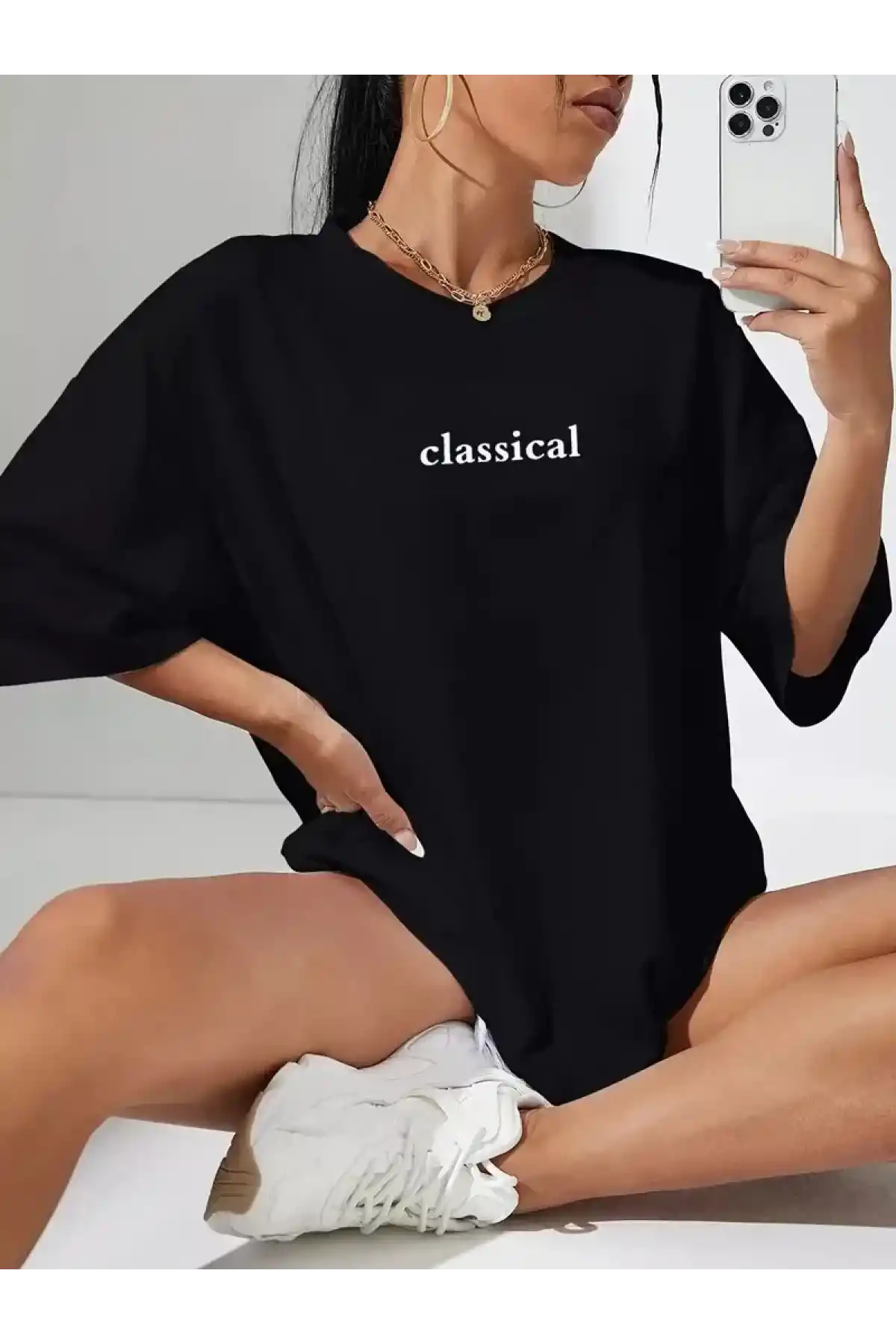 20/1 Penye Compack Classical Baskılı Siyah Oversize Tişort - Siyah