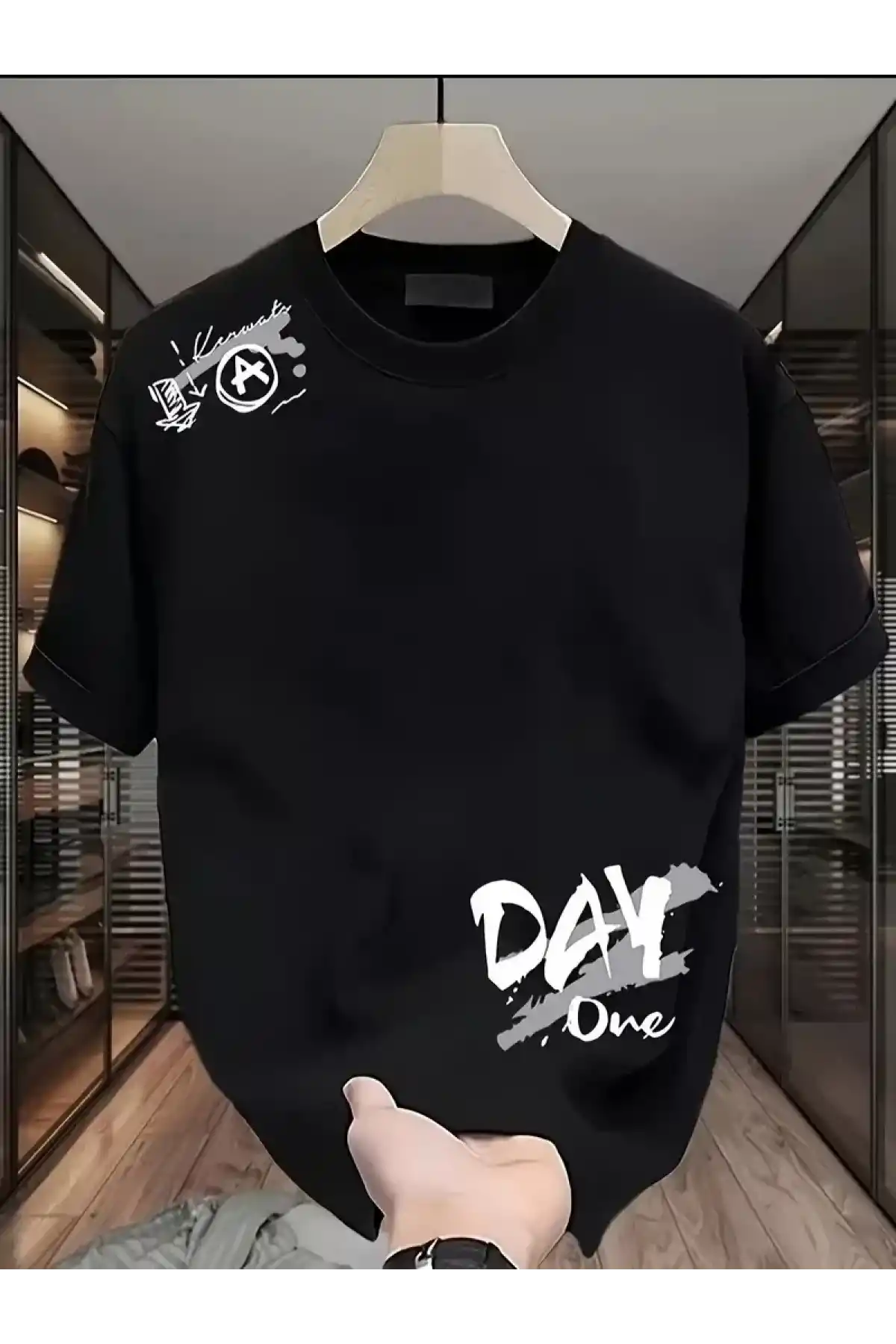 20/1 Penye Compack Day One Baskılı Oversize Bisiklet Yaka T-shirt - Siyah