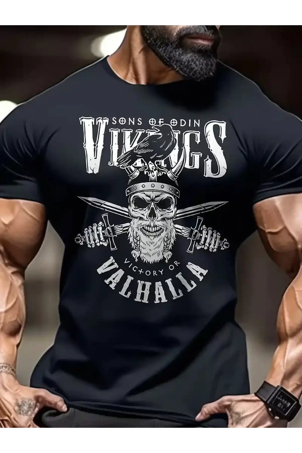 20/1 Penye Compack Vikings Valhalla Baskılı Oversize Bisiklet Yaka T-shirt - Siyah