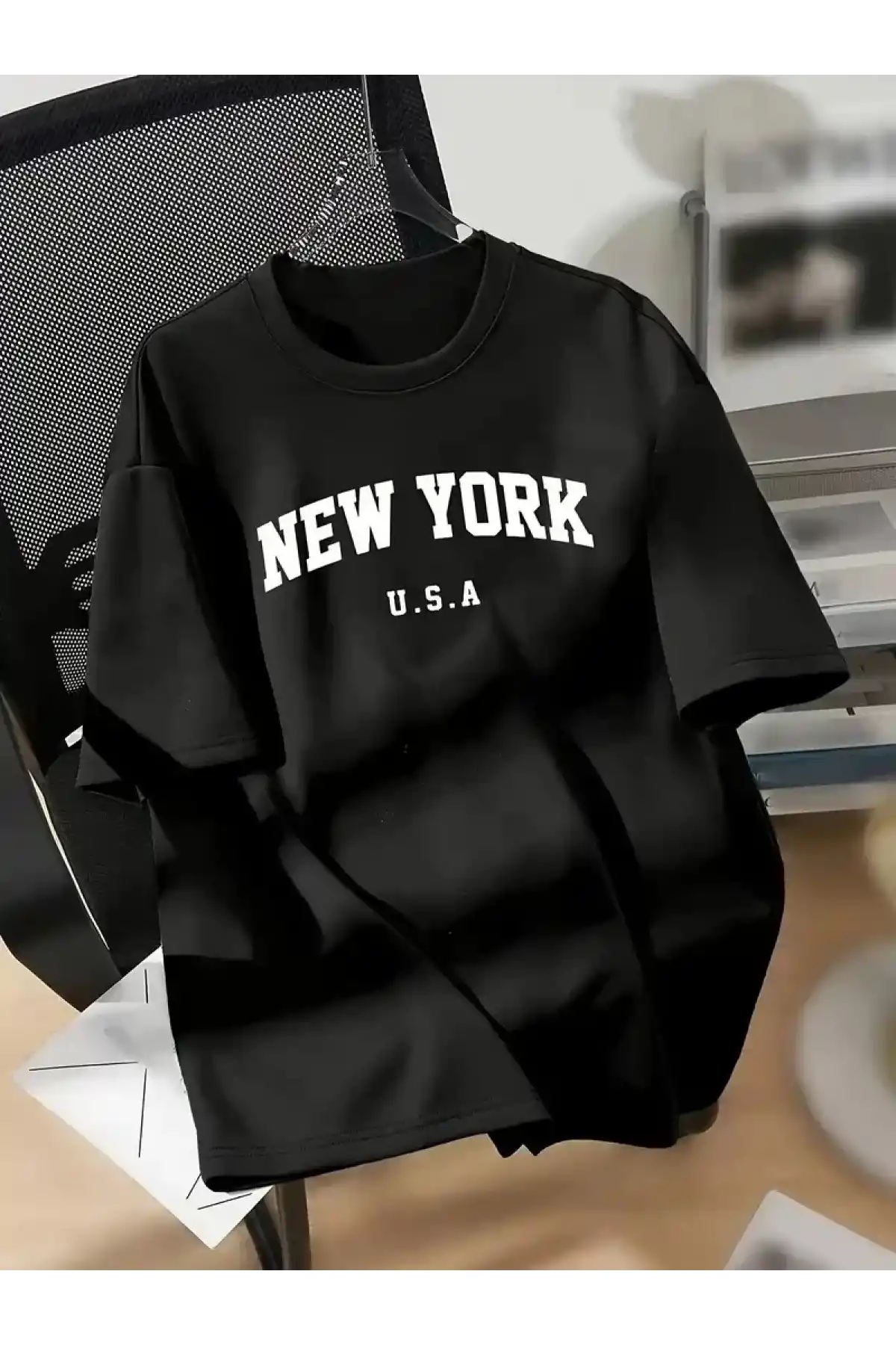 20/1 Penye Compack New York Baskılı Oversize Kısa Kol Bisiklet Yaka T-shirt - Siyah