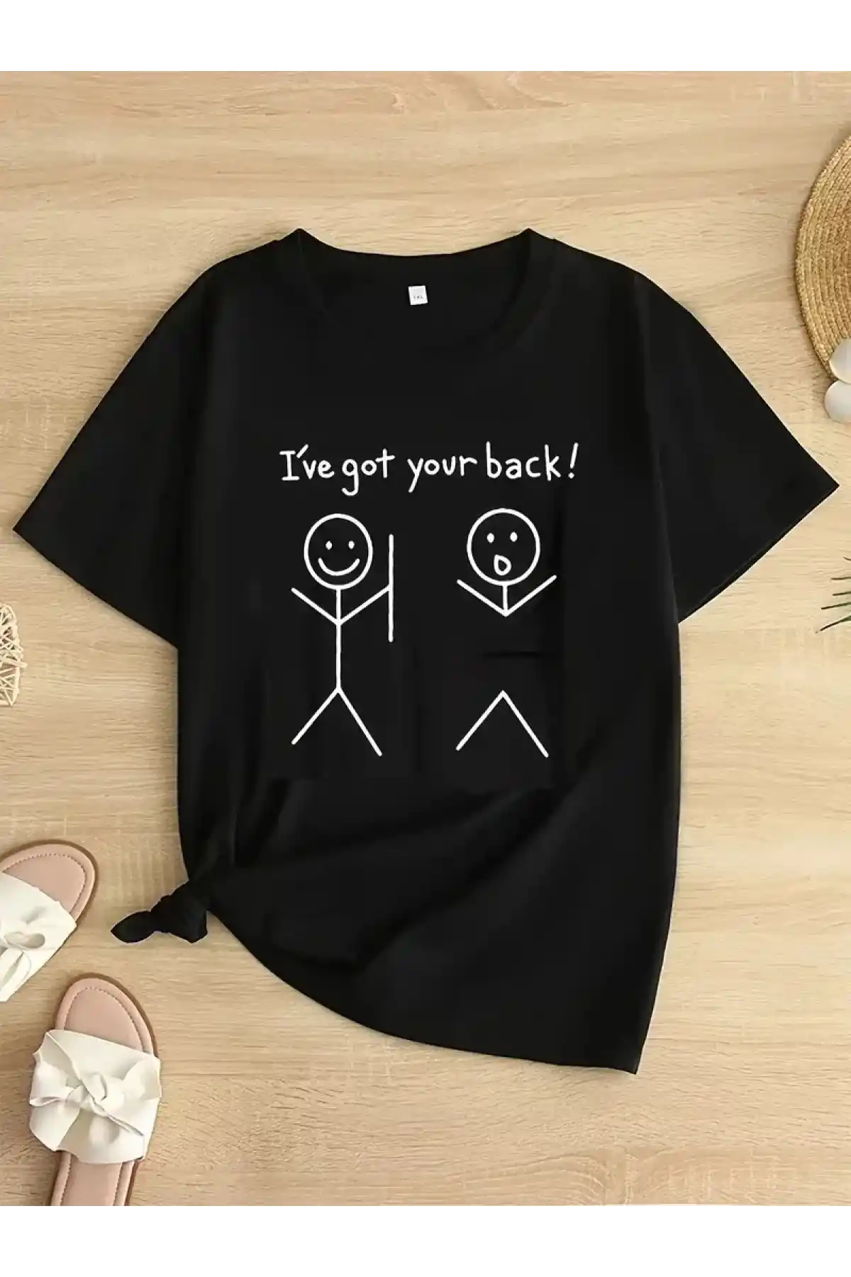 Kadın Beyaz Ive Got Your Back Grafik Tişört - Eğlenceli Çubuk Tasarımlı Oversize Günlük Kısa Kollu Tişört, Polyester Örgü, Yuvarlak Yaka, İlkbahar ve Yaz için Mükemmel, Günlük Giyim Tişört | Eğlenceli Tasarım | Polyester Kumaş- Siyah