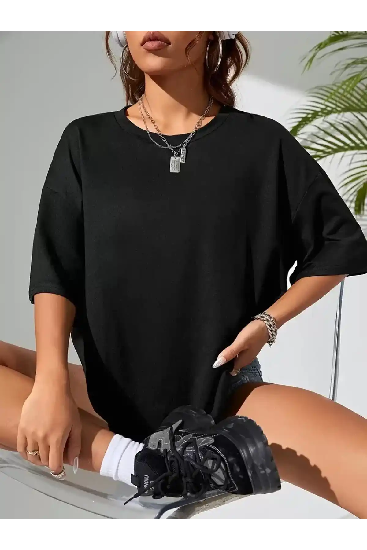 Büyük Boy Ayıcık Baskılı Bisiklet Yaka T-Shirt, İlkbahar & Yaz İçin Rahat Kısa Kollu T-Shirt, Kadın Giyim - Siyah