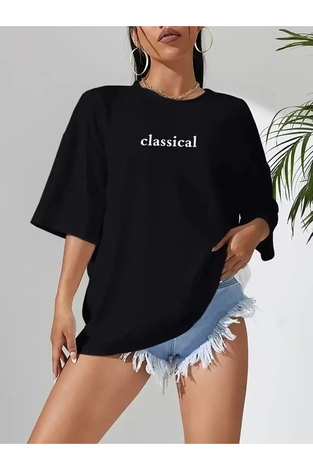 20/1 Penye Compack Classical Baskılı Siyah Oversize Tişort - Siyah