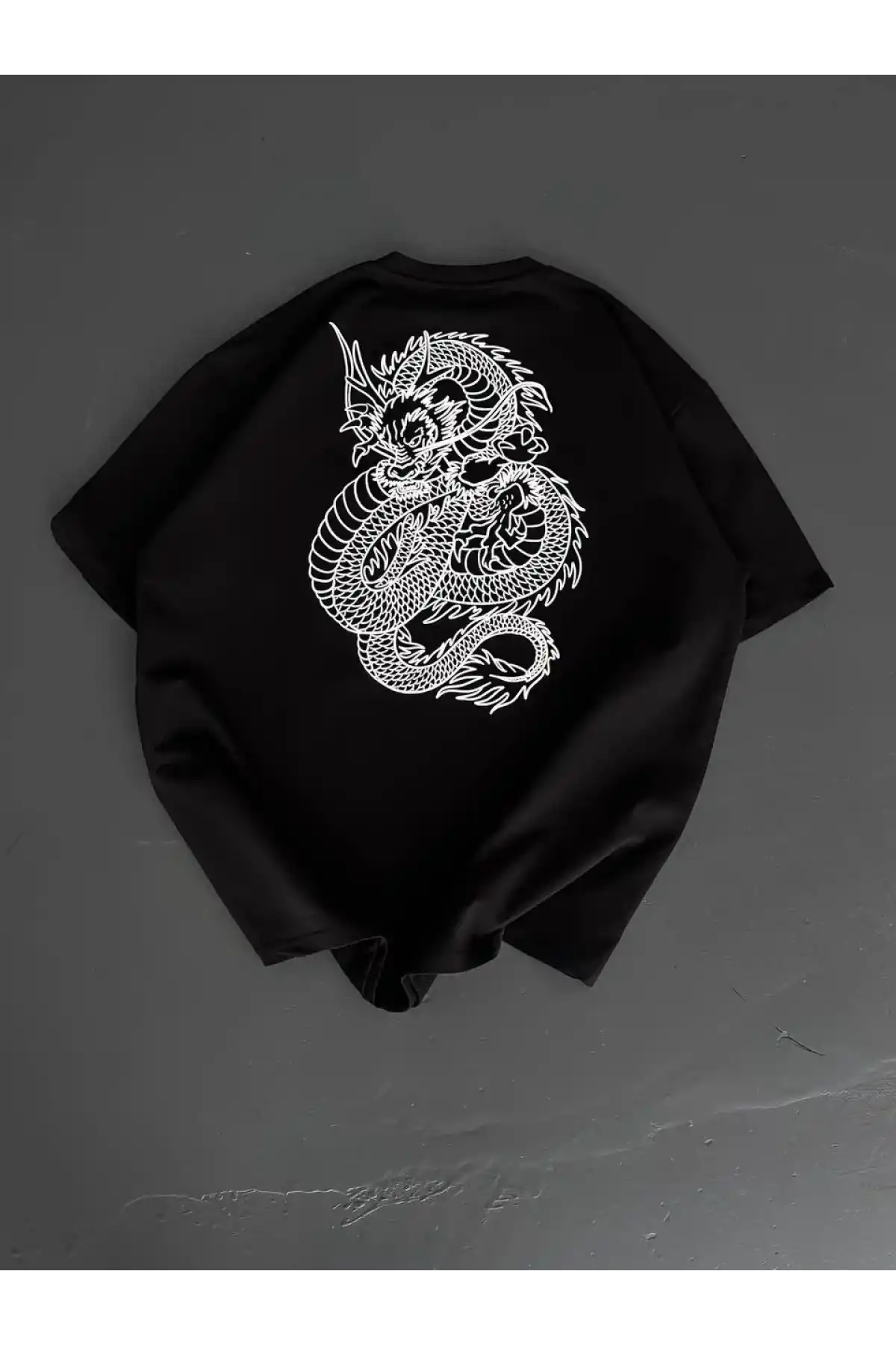 Baskılı Oversize Bisiklet Yaka - Siyah