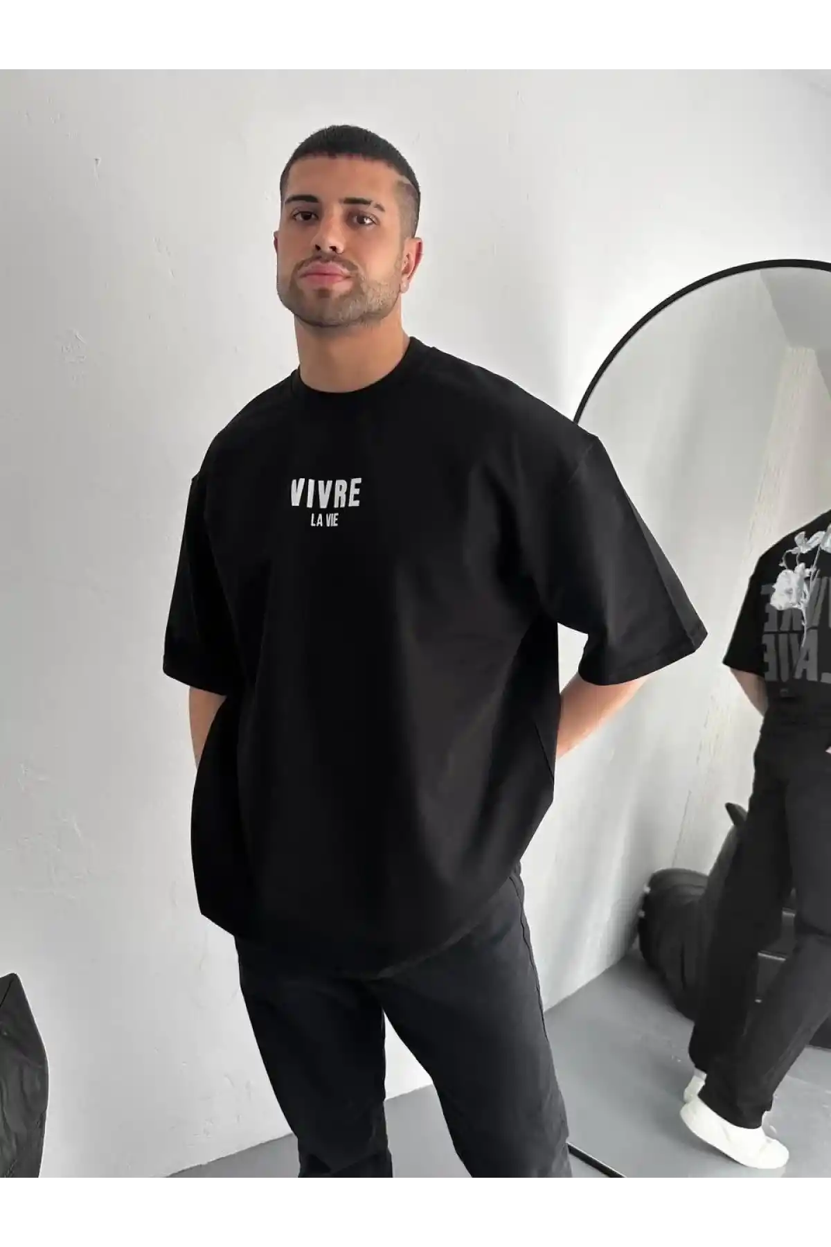 ERKEK Baskılı Oversize Bisiklet Yaka T-shirt - Siyah