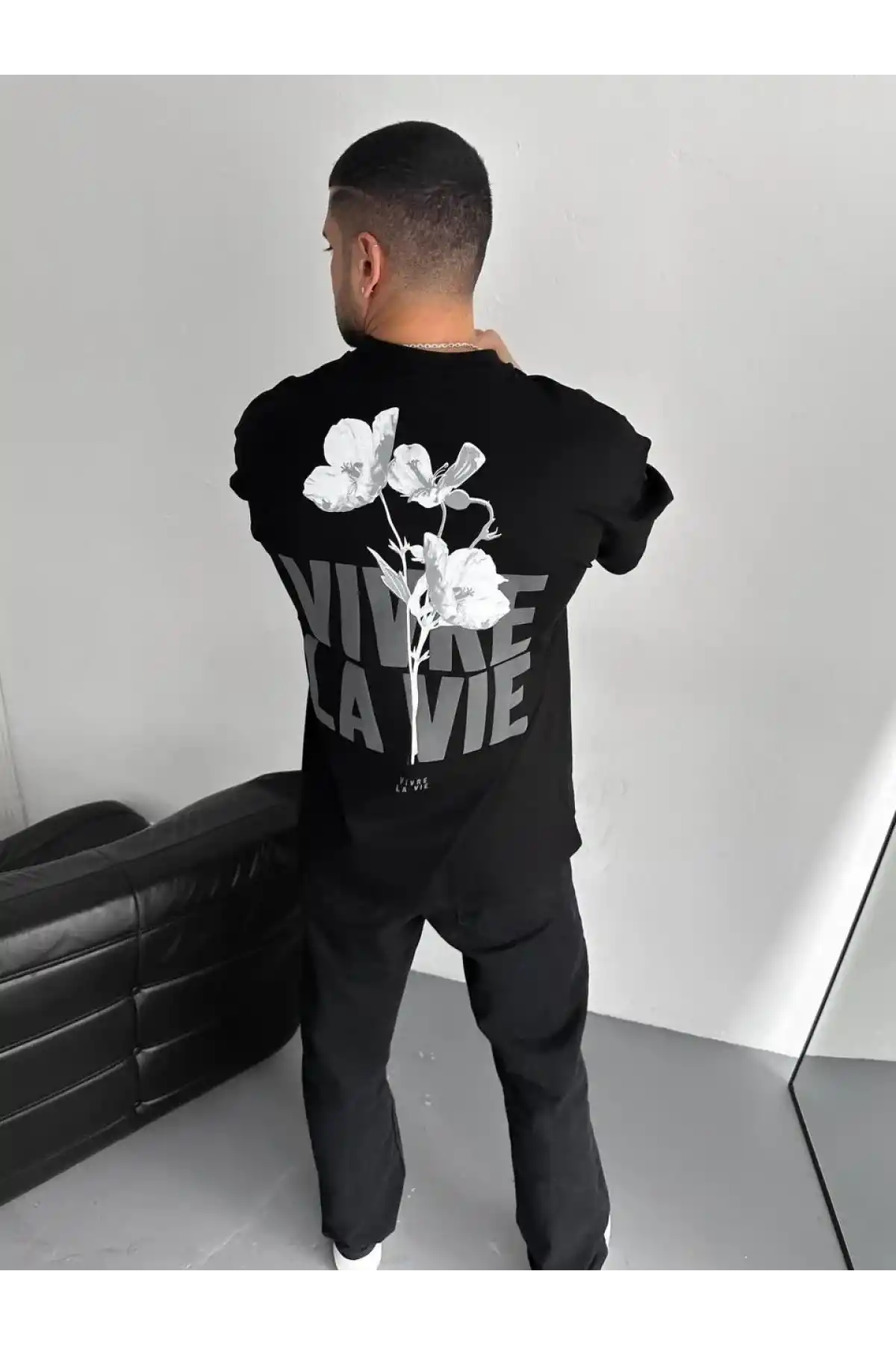 ERKEK Baskılı Oversize Bisiklet Yaka T-shirt - Siyah