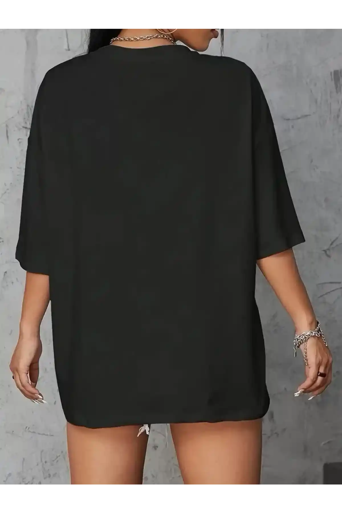 Brooklyn Harf Baskılı Düşük Omuzlu T-shirt, Rahat Kısa Kollu Bol T-shirt, Kadın Giyim - Siyah