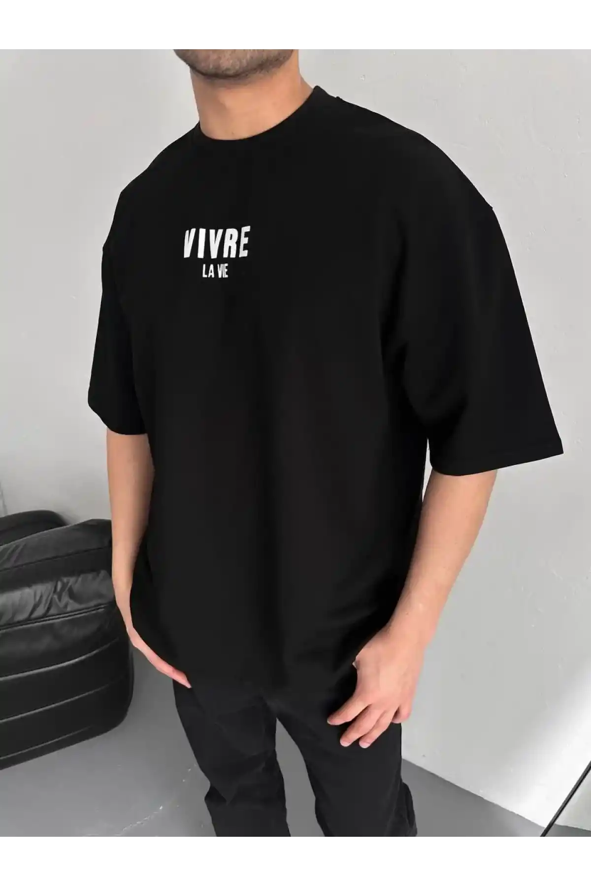 ERKEK Baskılı Oversize Bisiklet Yaka T-shirt - Siyah