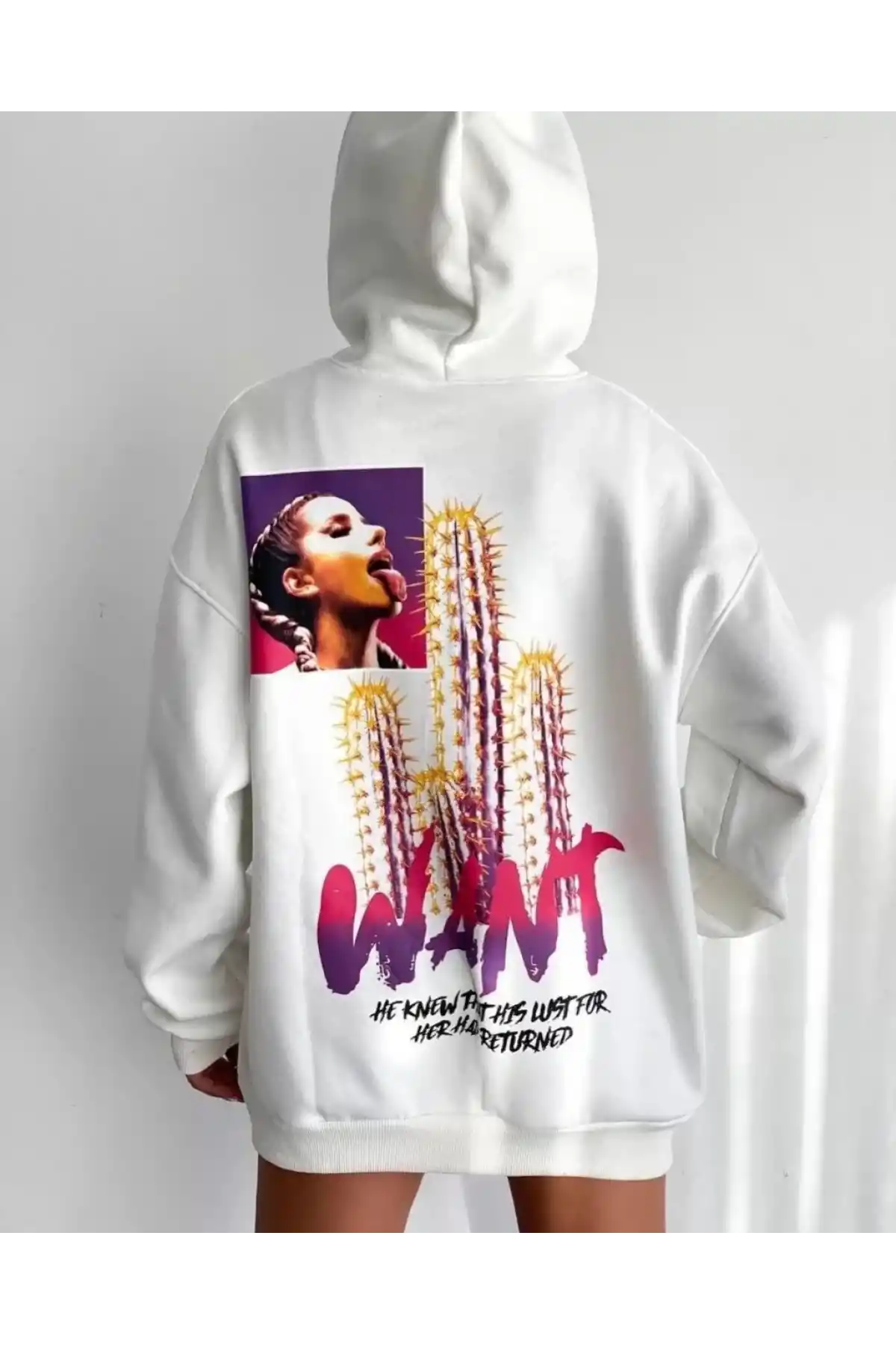 Baskılı Üç İplik Kapüşonlu Oversize Sweatshirt - Beyaz