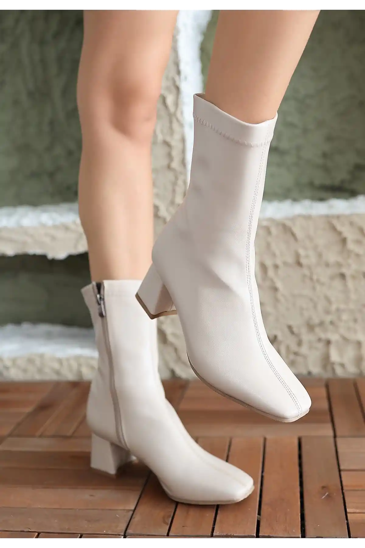 Birta Bej Cilt Streç Topuklu Bot - GC