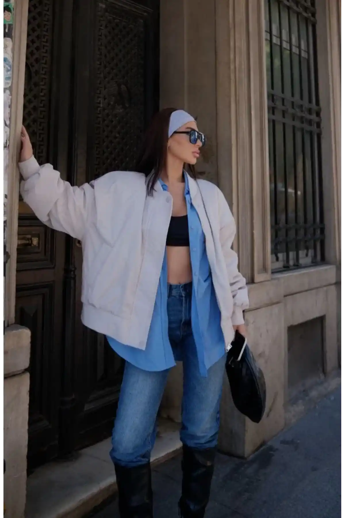 Kadın Prenıum Cepli Bomber Ceket Mont - Beyaz