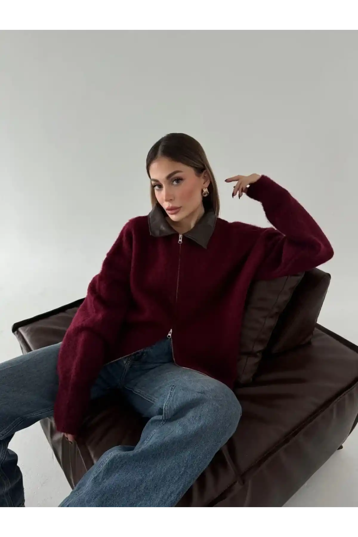 Deri Yakalı Pamuk dokulu Çift Taraflı Çalışan Fermuar Ceket - Bordo