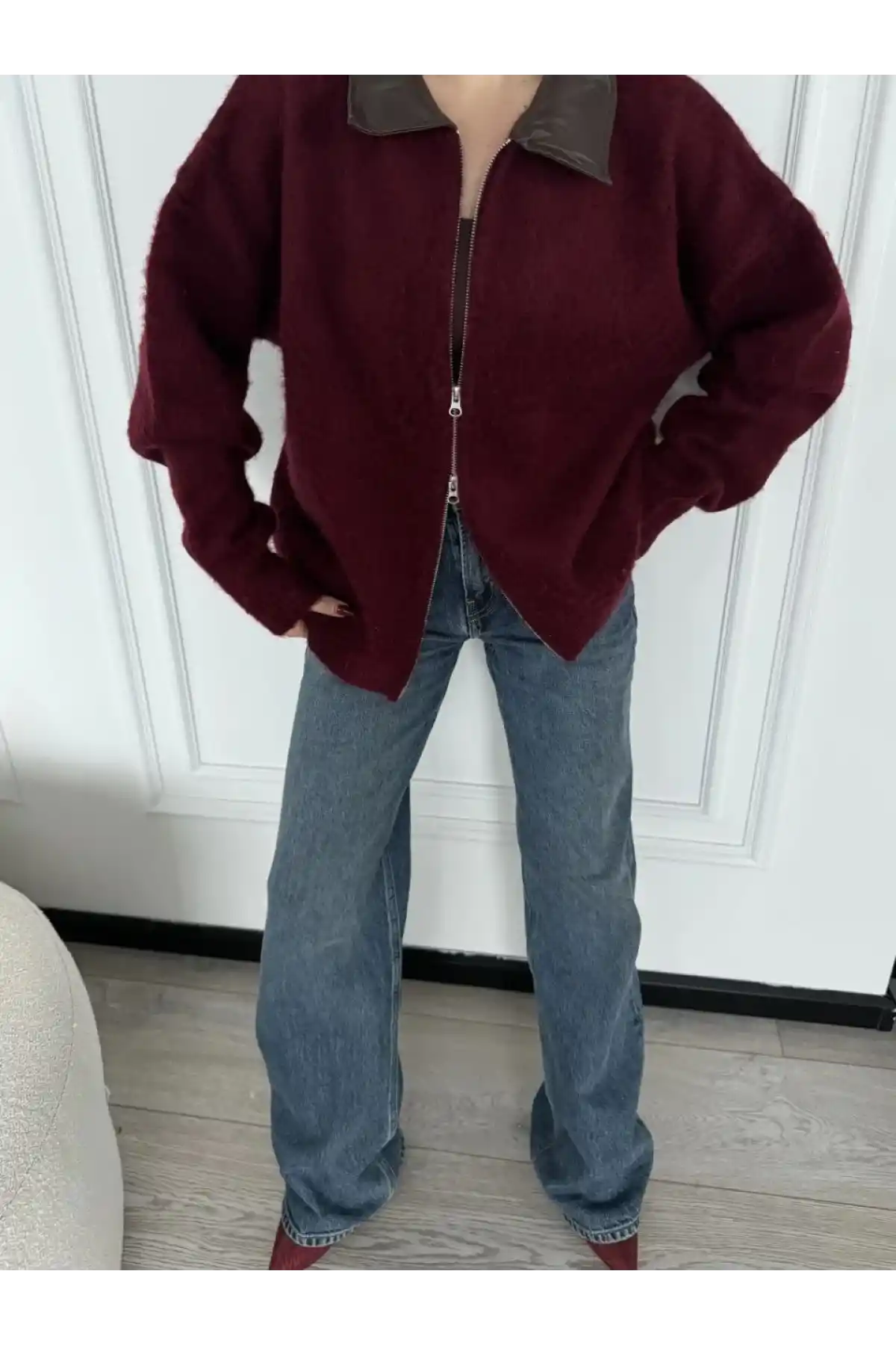 Deri Yakalı Pamuk dokulu Çift Taraflı Çalışan Fermuar Ceket - Bordo
