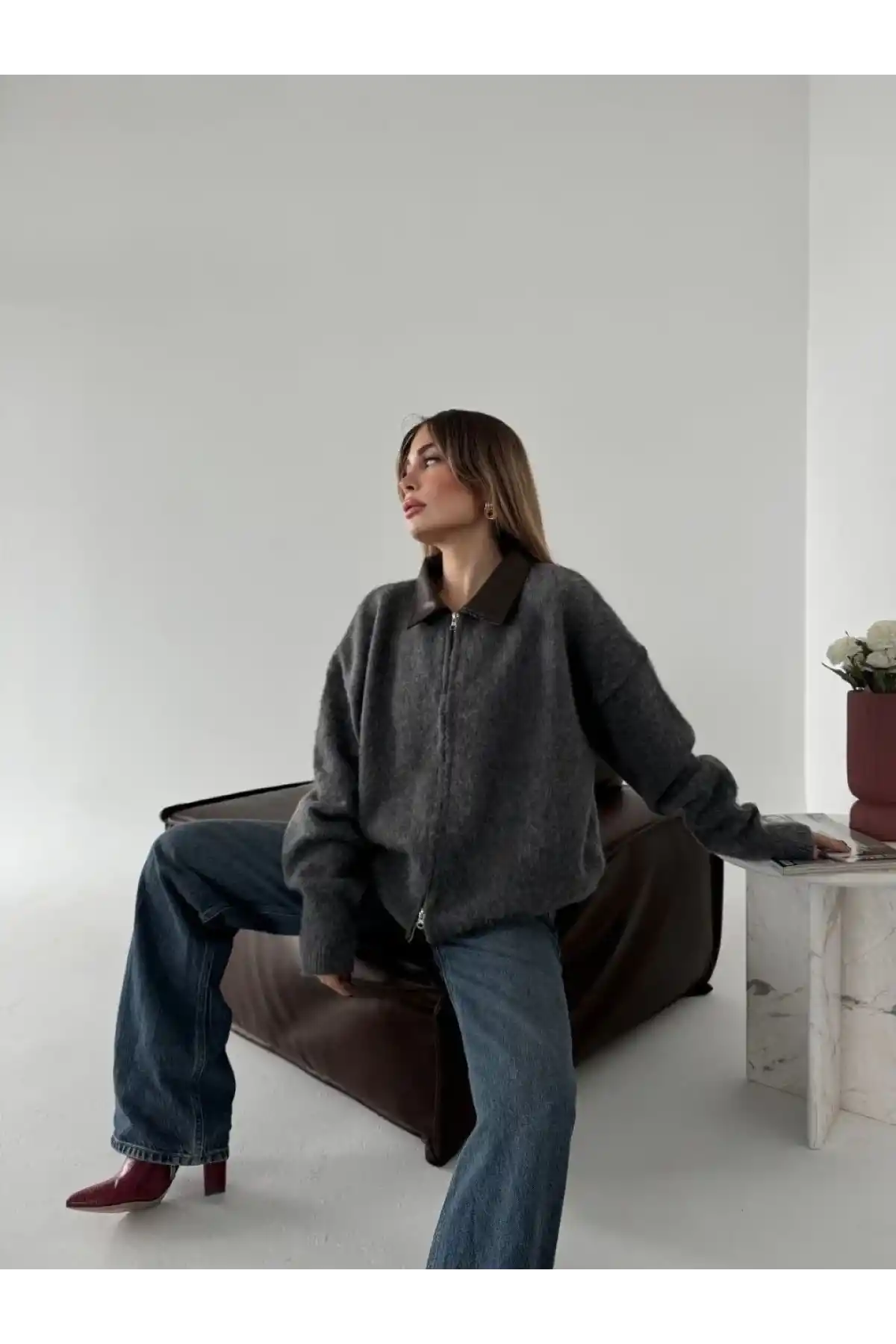 Deri Yakalı Pamuk dokulu Çift Taraflı Çalışan Fermuar Ceket - Füme