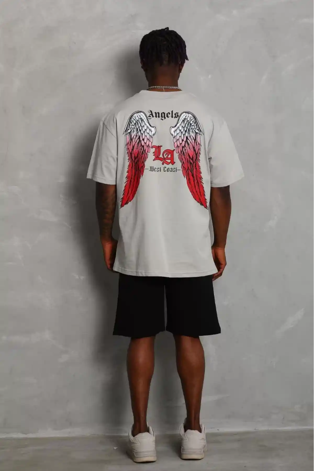 Unisex Oversize Baskılı Bisiklet Yaka T-Shirt - Gri