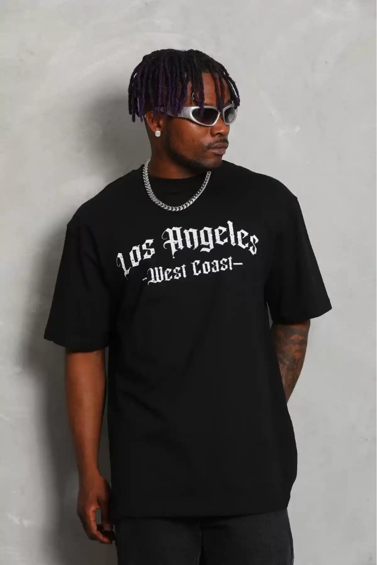 Unisex Oversize Baskılı Bisiklet Yaka T-Shirt - Siyah