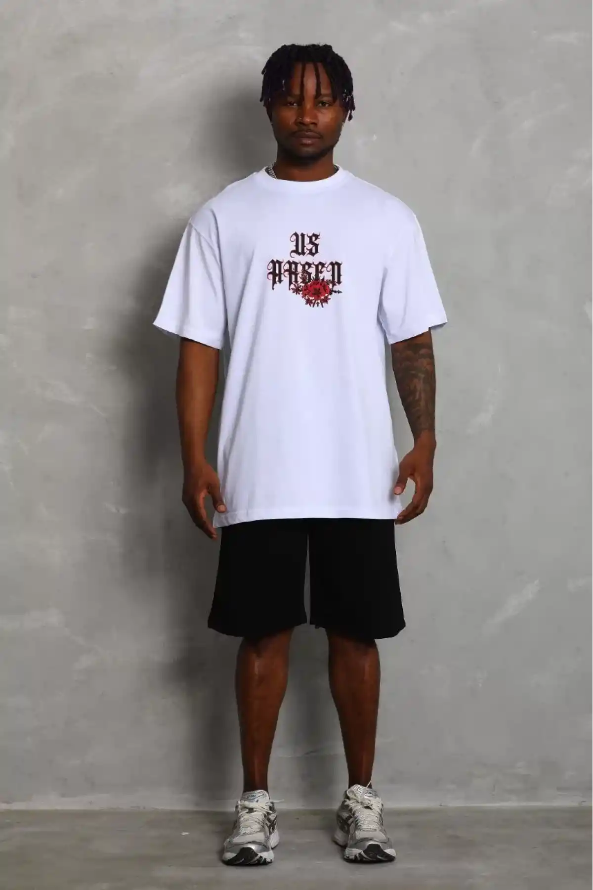 Unisex Oversize Baskılı Bisiklet Yaka T-Shirt - Beyaz