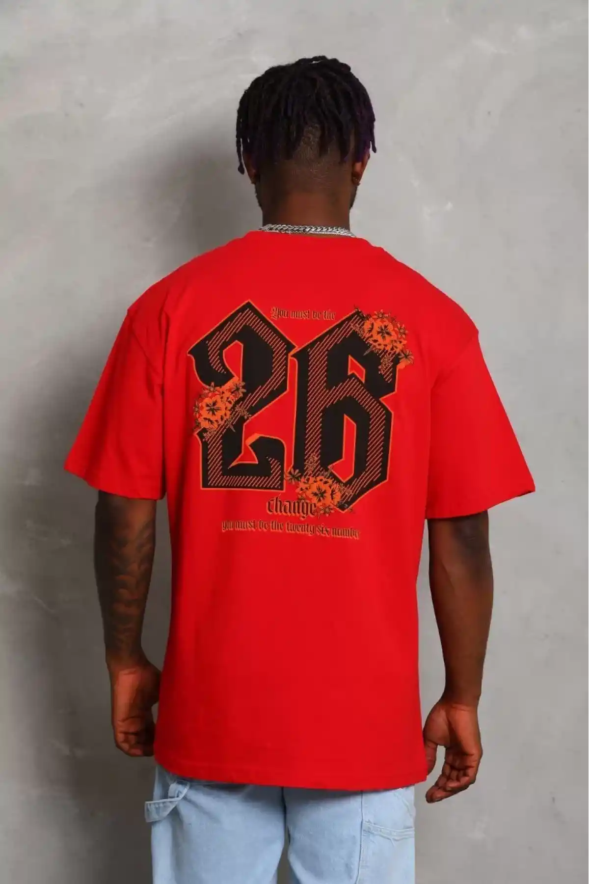 Unisex Oversize Baskılı Bisiklet Yaka T-Shirt - Kırmızı