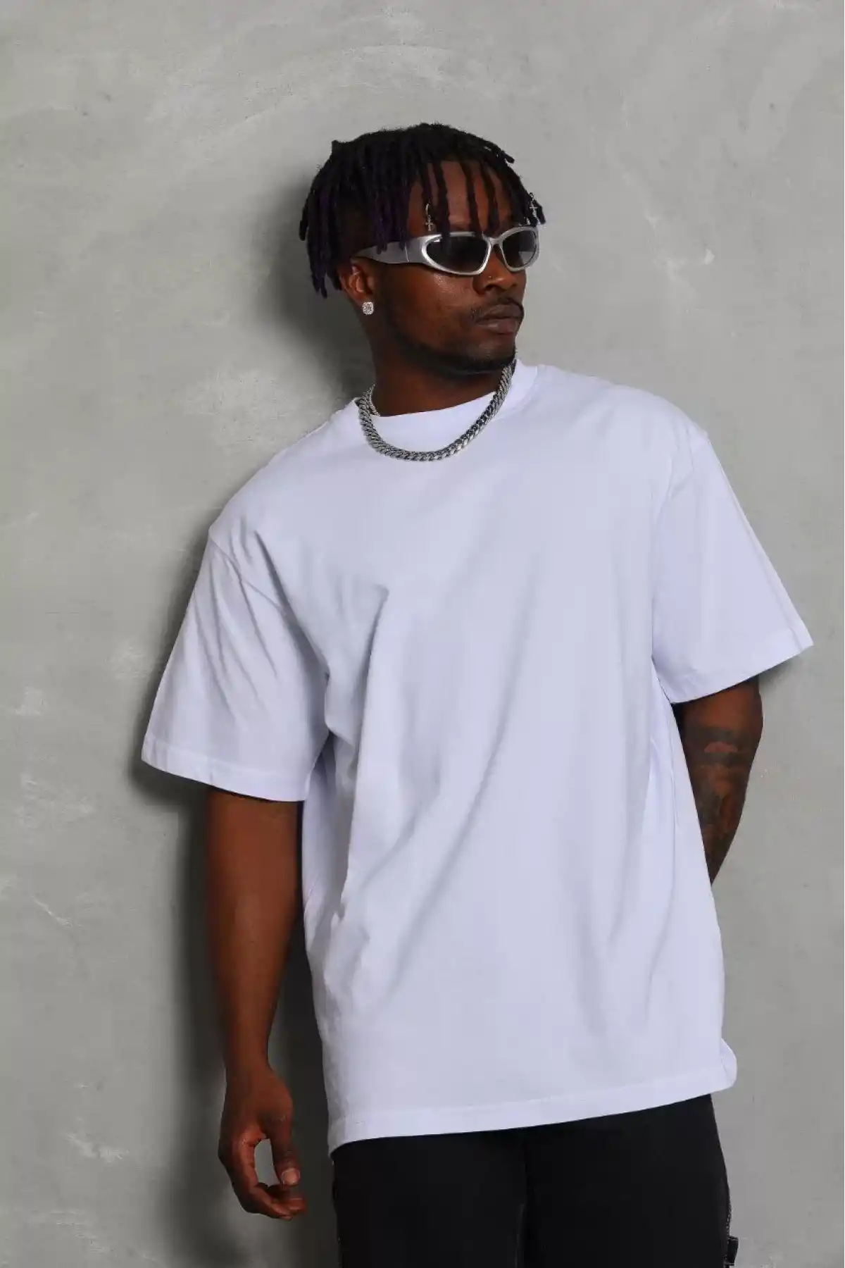 Unisex Oversize Düz Bisiklet Yaka T-Shirt - Beyaz