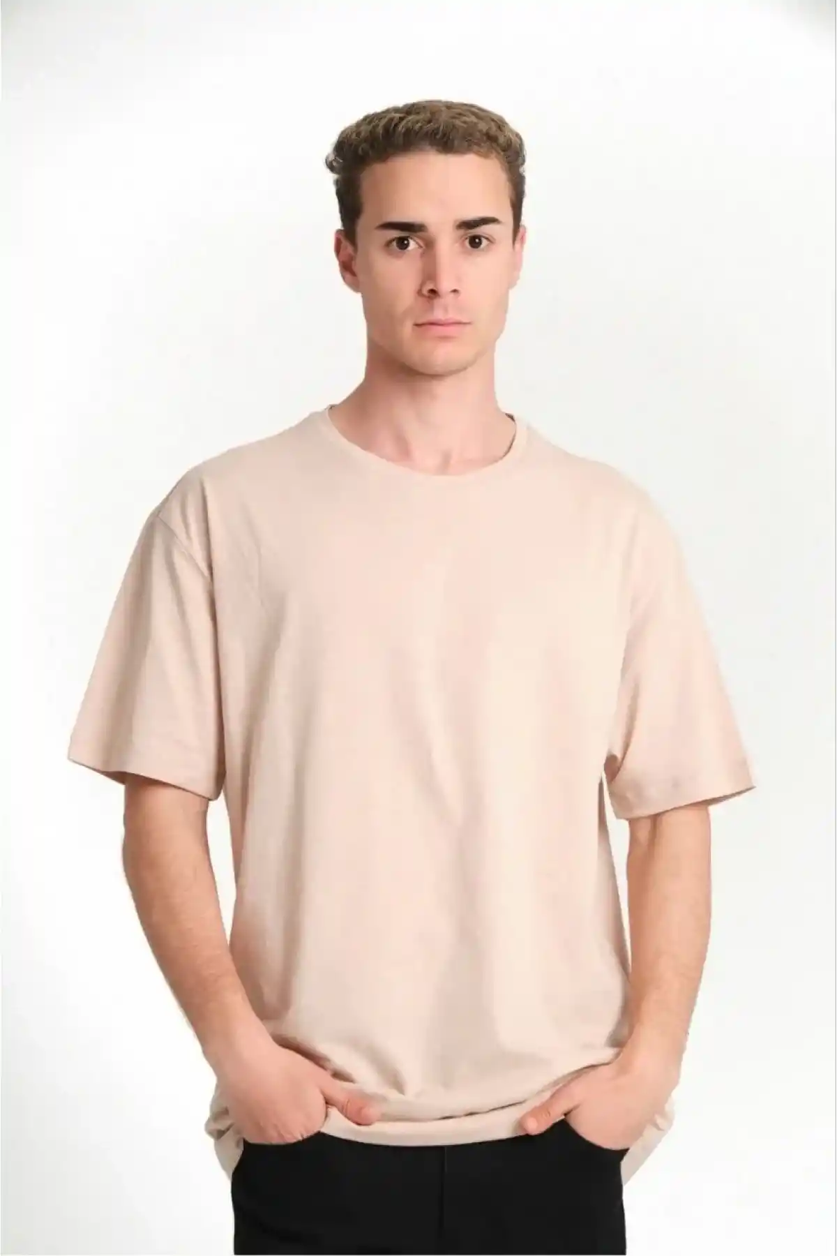 Erkek 24/1 Düz A Kalite Oversize T-shirt - Bej
