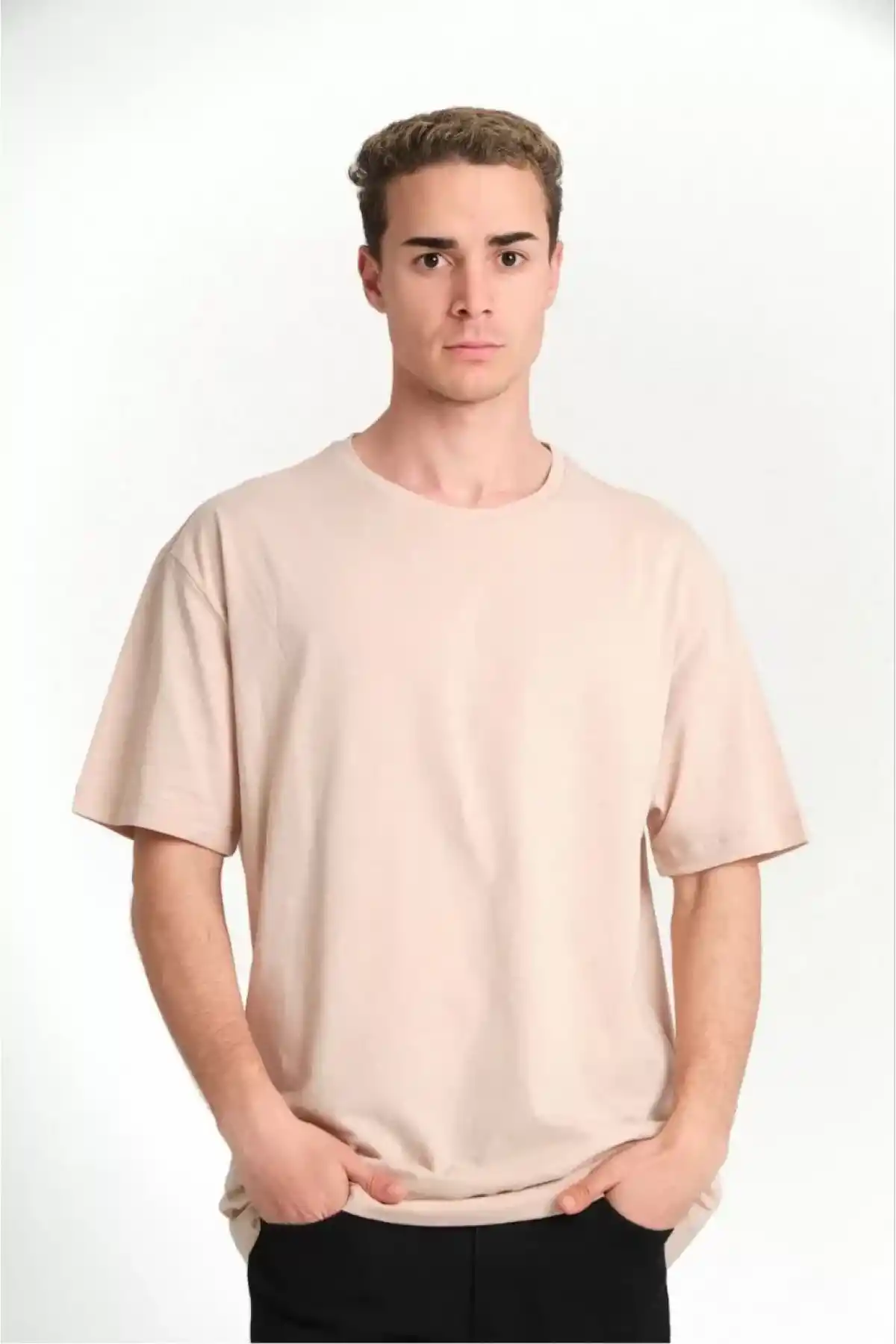 Erkek 24/1 Düz A Kalite Oversize T-shirt - Bej