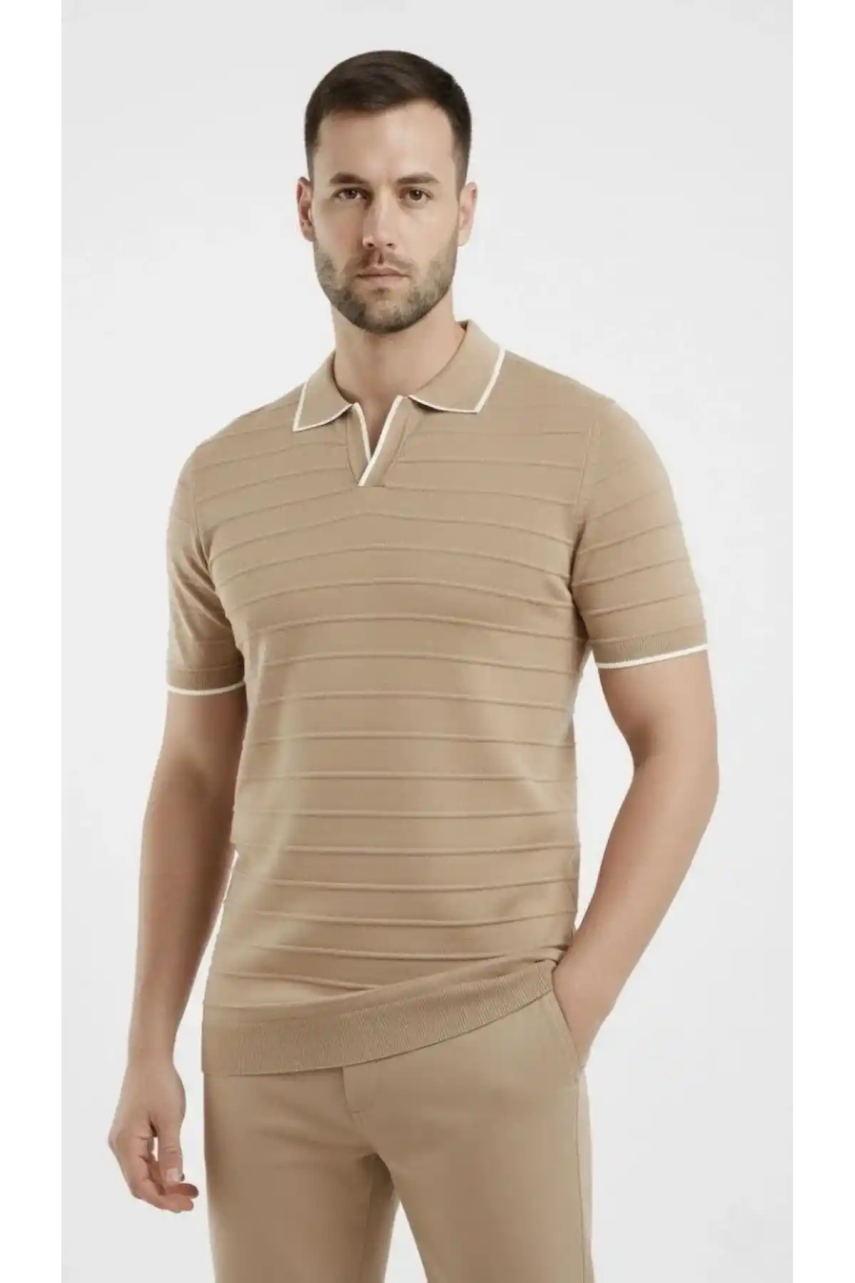 Erkek 2’li Paket Triko Yakalı Düğmesiz Açık Yaka Fitilli Kısa Kollu Regular Fit Tişört - Lacivert & Bej