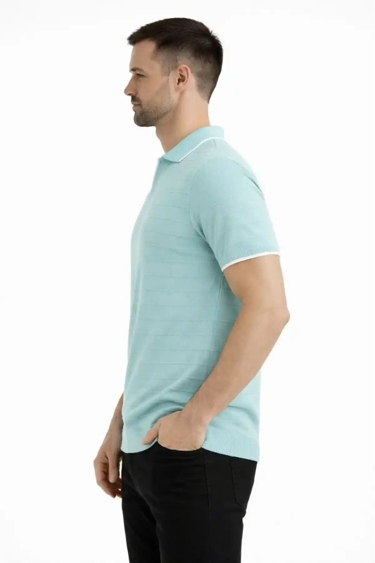 Erkek 2’li Paket Triko Yakalı Düğmesiz Açık Yaka Fitilli Kısa Kollu Regular Fit Tişört - Lacivert & Mint Yeşili