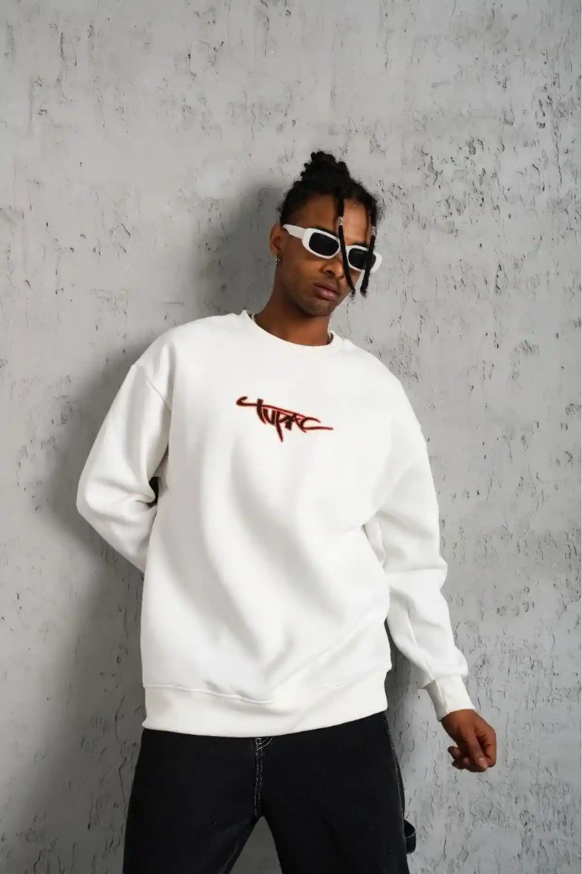 Erkek 3 İplik Pamuklu Bisiklet Yaka Gangster Baskılı Sweatshirt - Beyaz