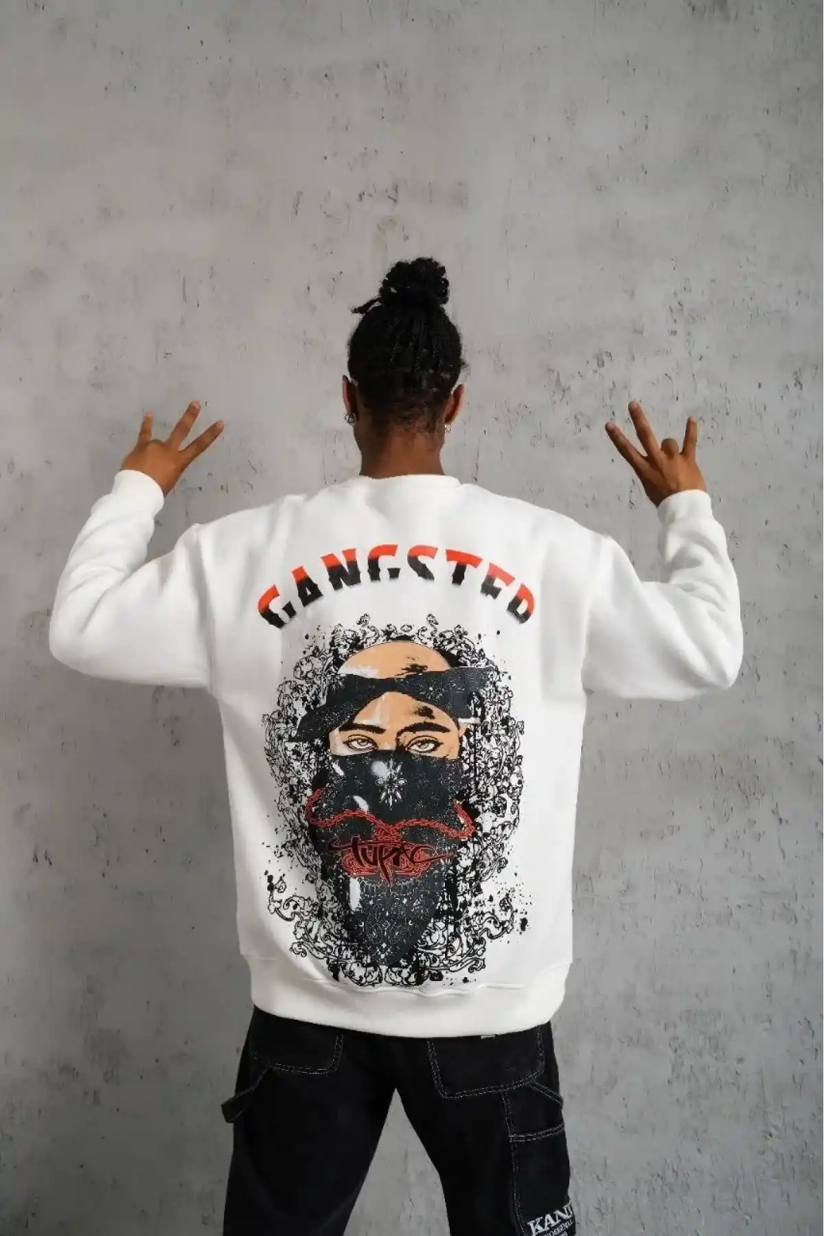 Erkek 3 İplik Pamuklu Bisiklet Yaka Gangster Baskılı Sweatshirt - Beyaz