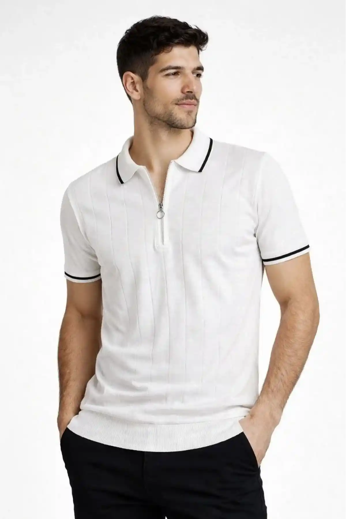 Erkek 3’lü Paket Dokuma Triko  Fermuarlı Yakalı Fitilli Kısa Kollu Regular Fit Tişört - Beyaz, Haki, Siyah