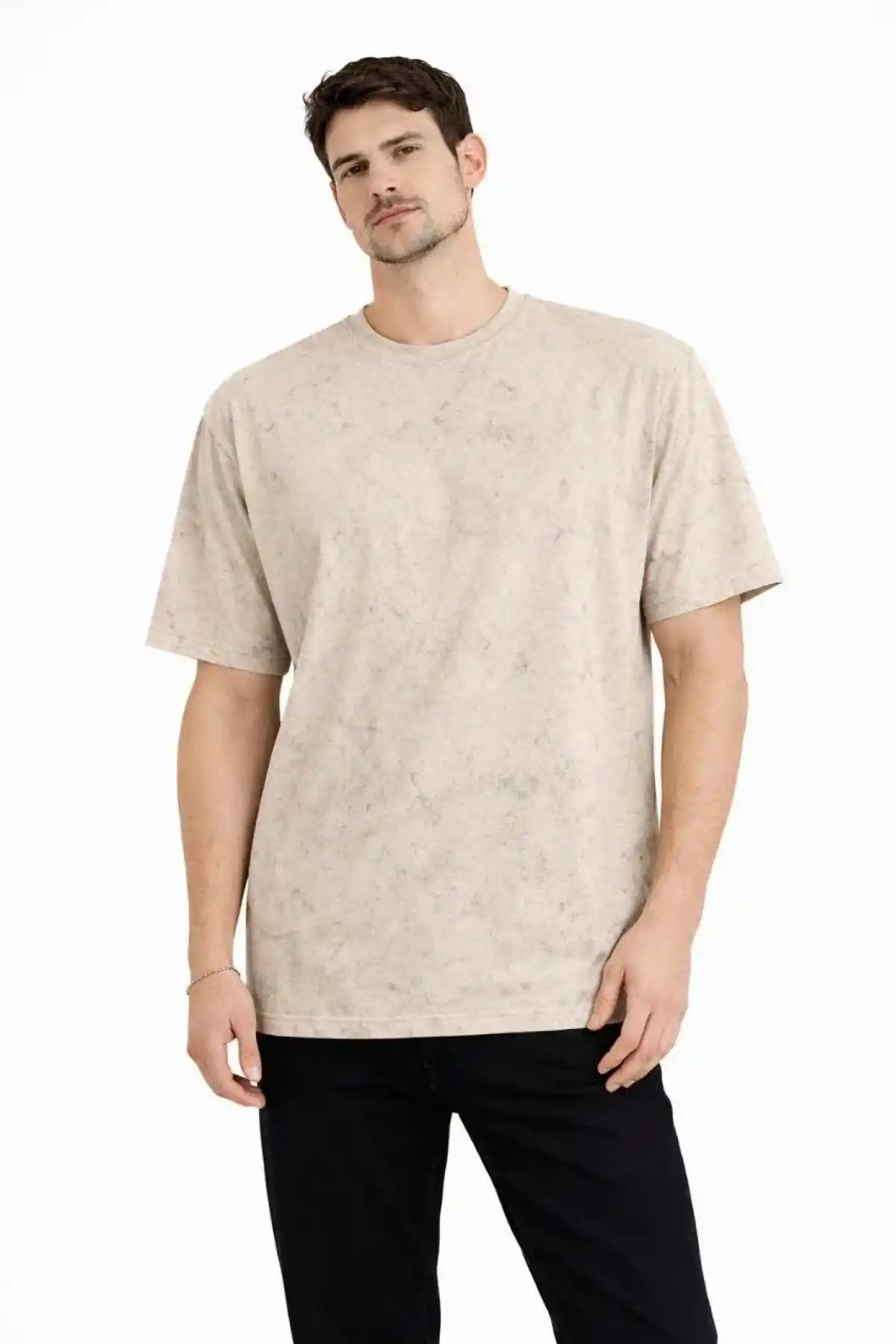 Erkek Asit Yıkama Bisiklet Yaka Kısa Kollu Oversize T-Shirt Tişört - Bej