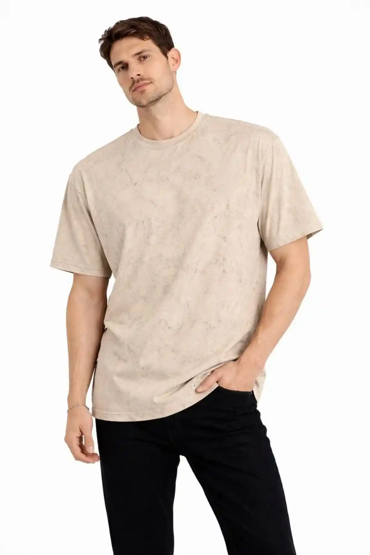 Erkek Asit Yıkama Bisiklet Yaka Kısa Kollu Oversize T-Shirt Tişört - Bej