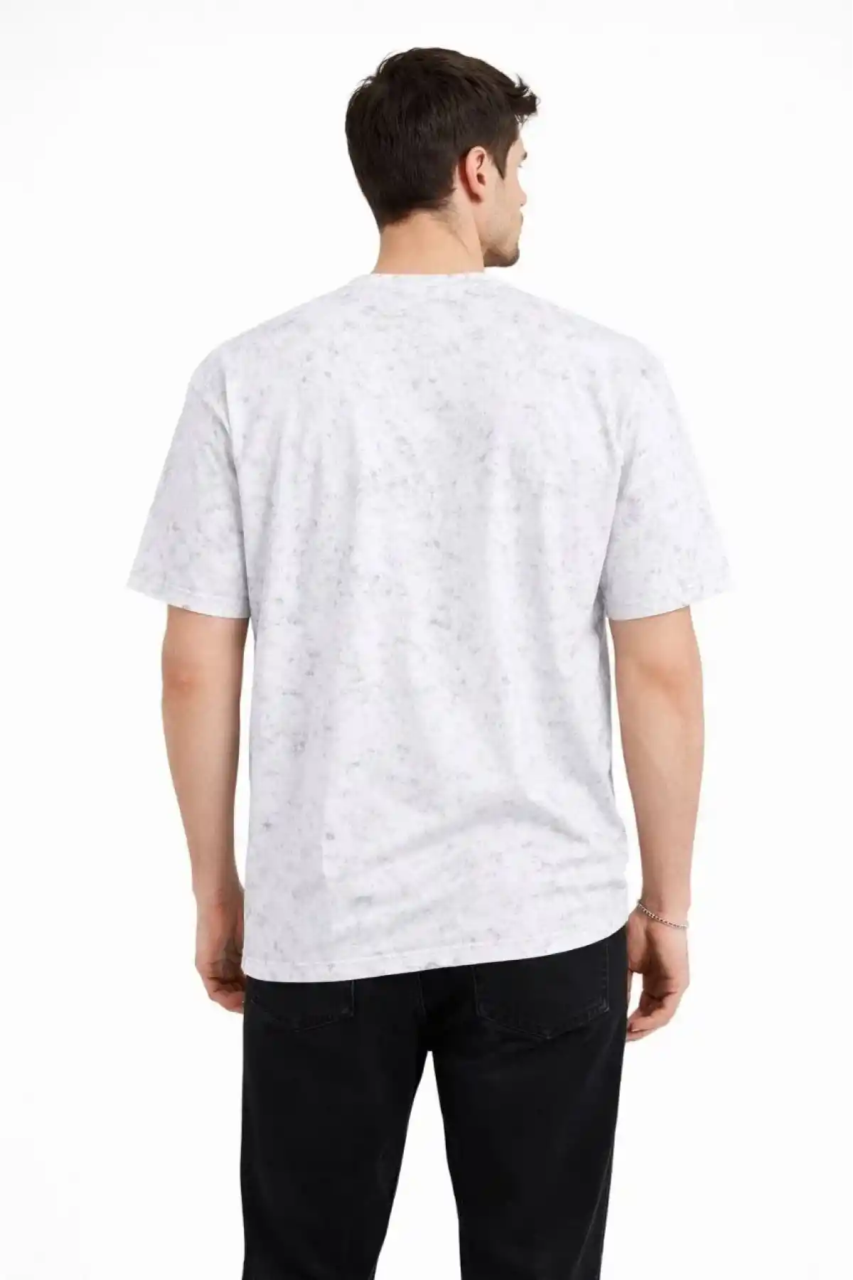 Erkek Asit Yıkama Bisiklet Yaka Kısa Kollu Oversize T-Shirt Tişört - Beyaz