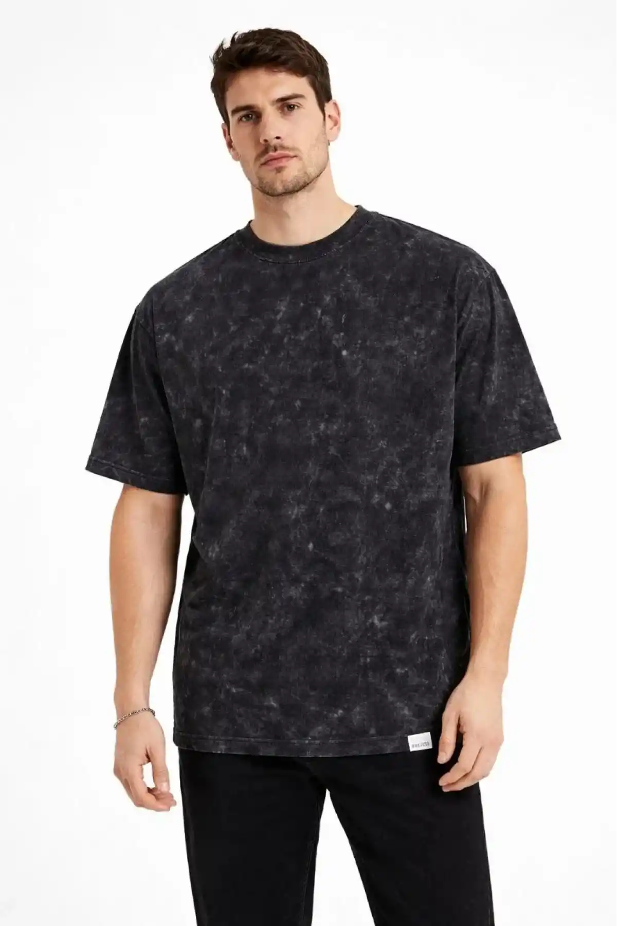 Erkek Asit Yıkama Bisiklet Yaka Kısa Kollu Oversize T-Shirt Tişört - Siyah