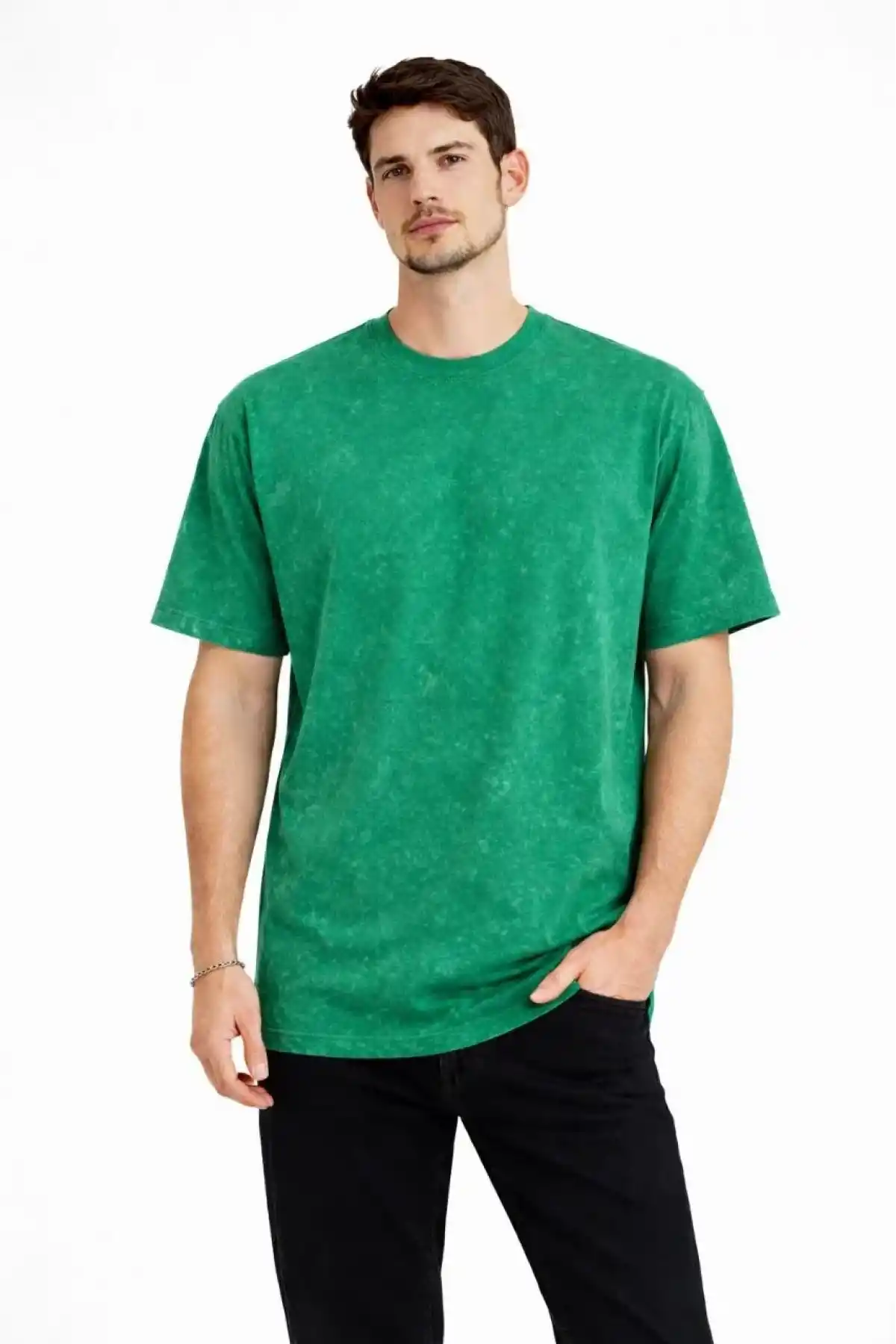 Erkek Asit Yıkama Bisiklet Yaka Kısa Kollu Oversize T-Shirt Tişört - Yeşil